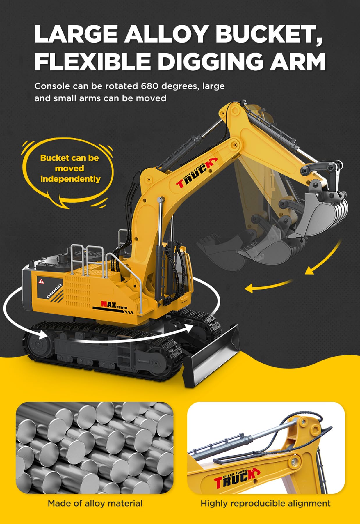 KIDMARKT 21" Large Remote Control Excavator Toy with Metal Bucket & Dozer Blade, 15-Channel RC Excavator Toys for Boys 6+ Kids Adults Construction Vehicles Birthday Gift, 120+Mins/Spray/Sound/Light