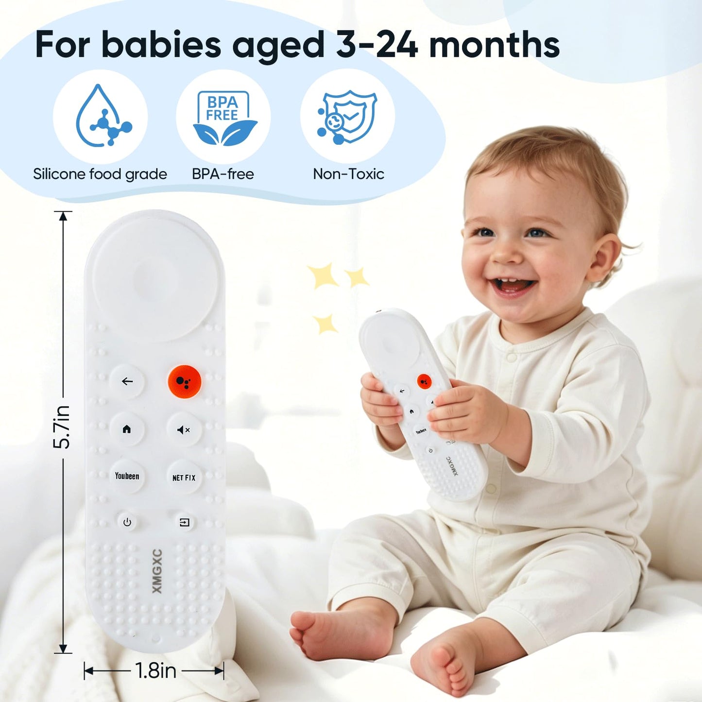 XMGXC Baby Teether Toy Chew Toys for Babies 3-24 Months TV Remote Control Shape Teething Relief for Infants (White)