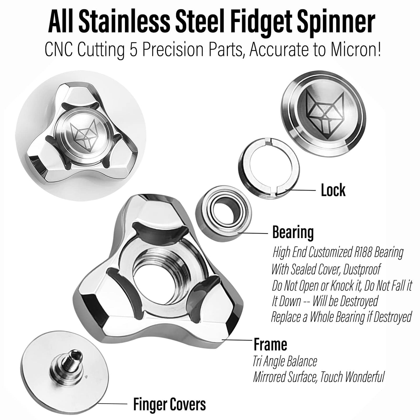 FREELOVE Metal Fidget Spinner for Adults, Stainless Steel Heavy Spinning Toys, Small Mini Fox Hand Gyro, Bearing Premium Long High Spin Fidget Block, Silver