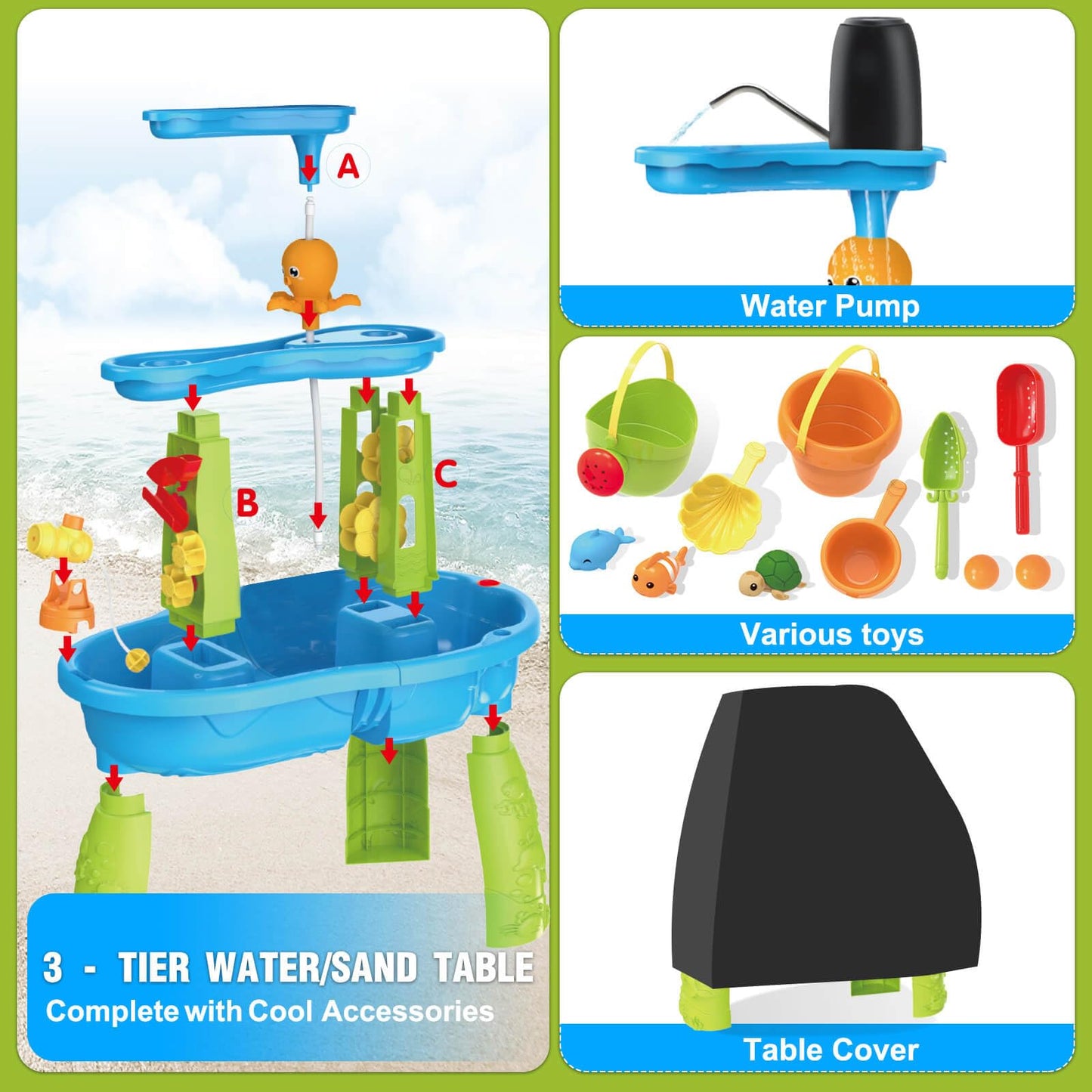Dolanus 3-Tier Water Table for Toddlers with Pump, Table Cover - Sand Activity Sensory Playset, Summer Outdoor Outside Pool Backyard Beach Toys for Kids Age 1 2 3 4 5 8 Year Old Boys Girls