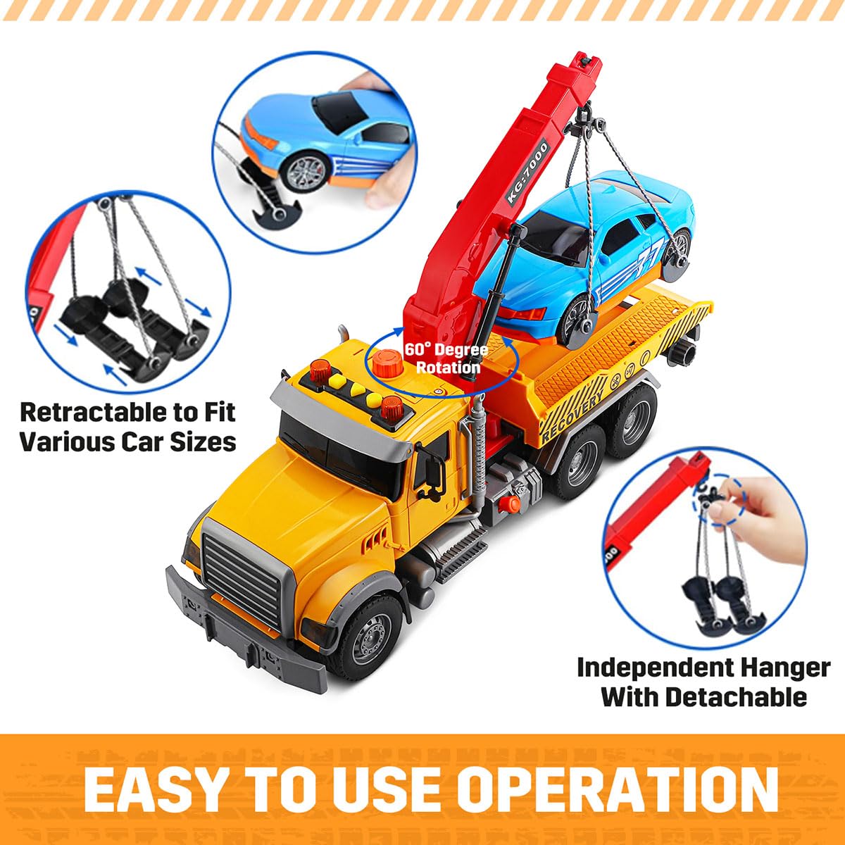 MAJCL 15" Large Tow Truck Toy,Friction Powered Transport Truck Crane Toy with Lights and Sounds,with Roadster,Kids Toys for 3 4 5 6 7 Years Old Boys Girls Gifts