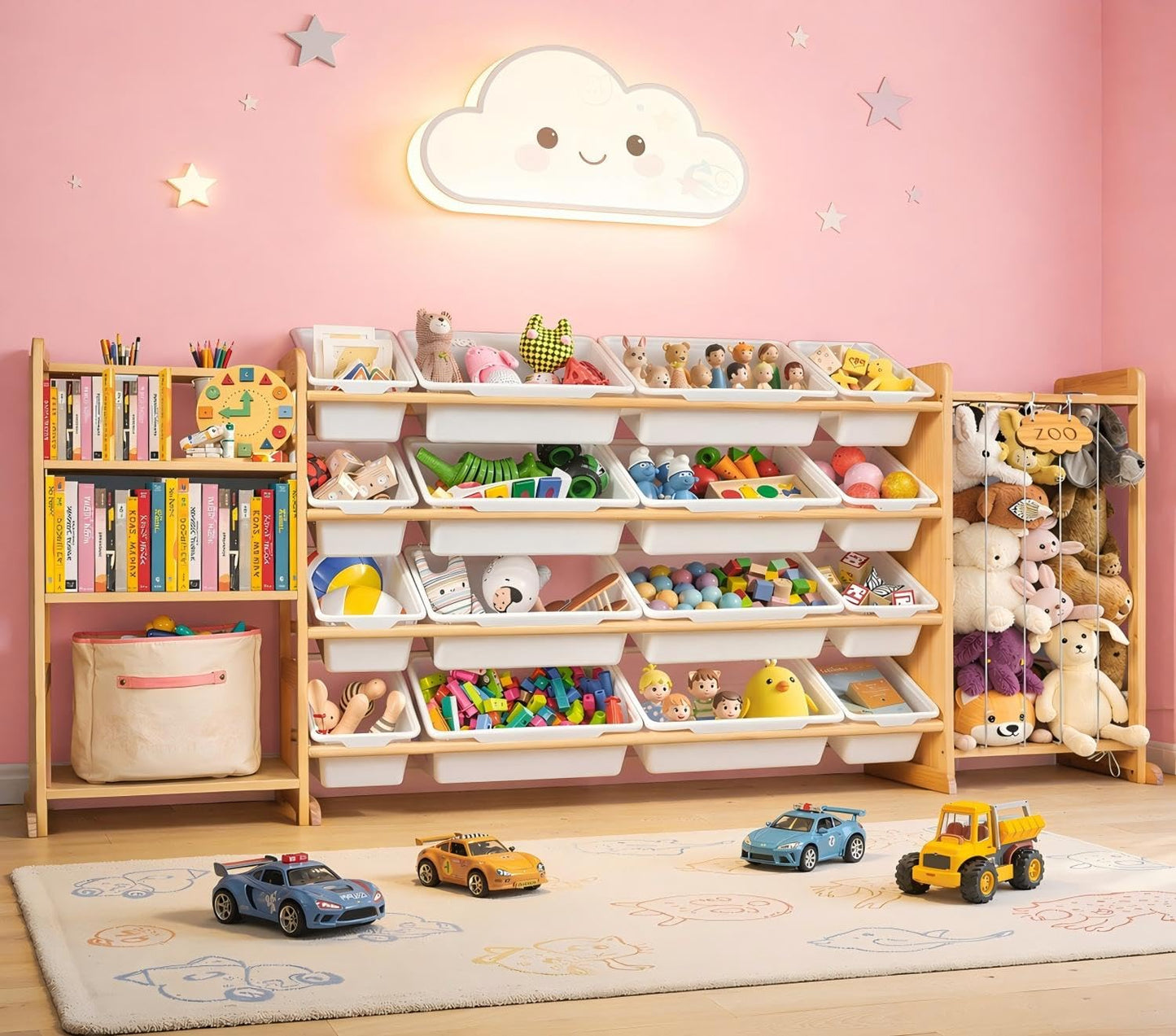 Yazzropt 81" Large Toy Storage Organizer with Bins Shelves & Stuffed Animal Storage for Kids Wood Toddler Playroom Organization with Bookshelf Toys Box Wooden Organizers for Kids Room Nursery Bedroom