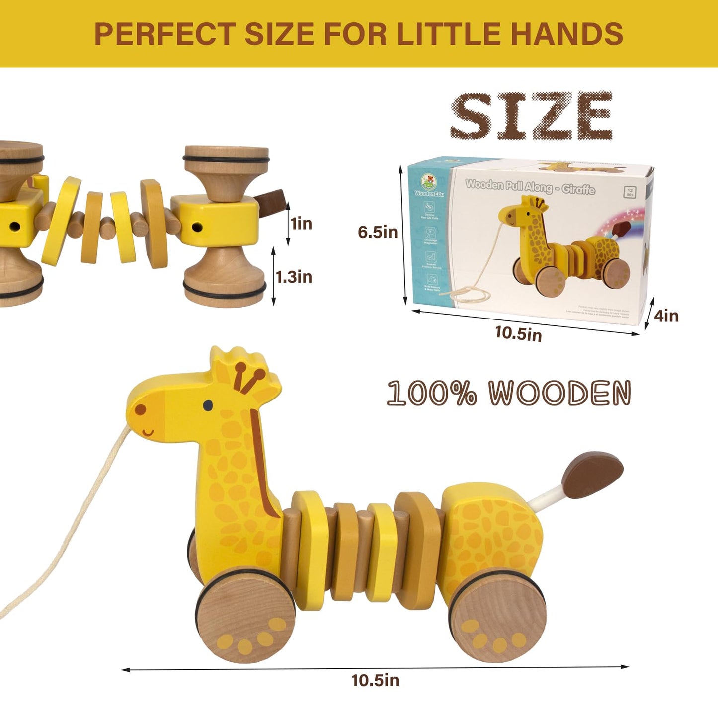 WoodenEdu Baby Toys Car,Wooden Pull Along Toddler Toy, Developmental Toy for 1 Year Old Girl Boy Birthday Gift (Giraffe)