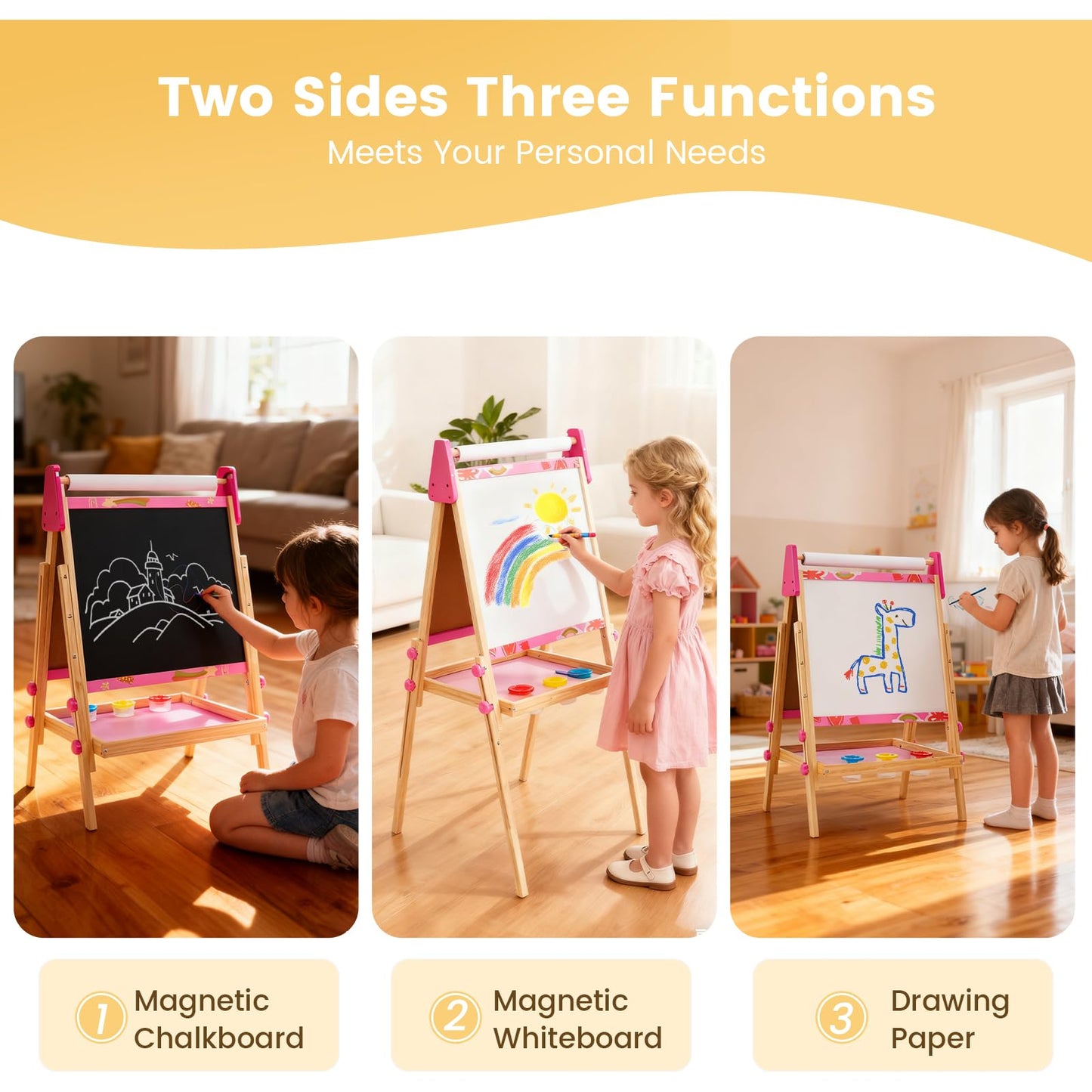 DUMOS Kids Easel Set with Paper Roll, Adjustable Height Wooden Double-Sided Magnetic Chalkboard & Whiteboard Art Station for Ages 3+, Dry Erase Board, Gift Idea with Accessories for Girls and Boys