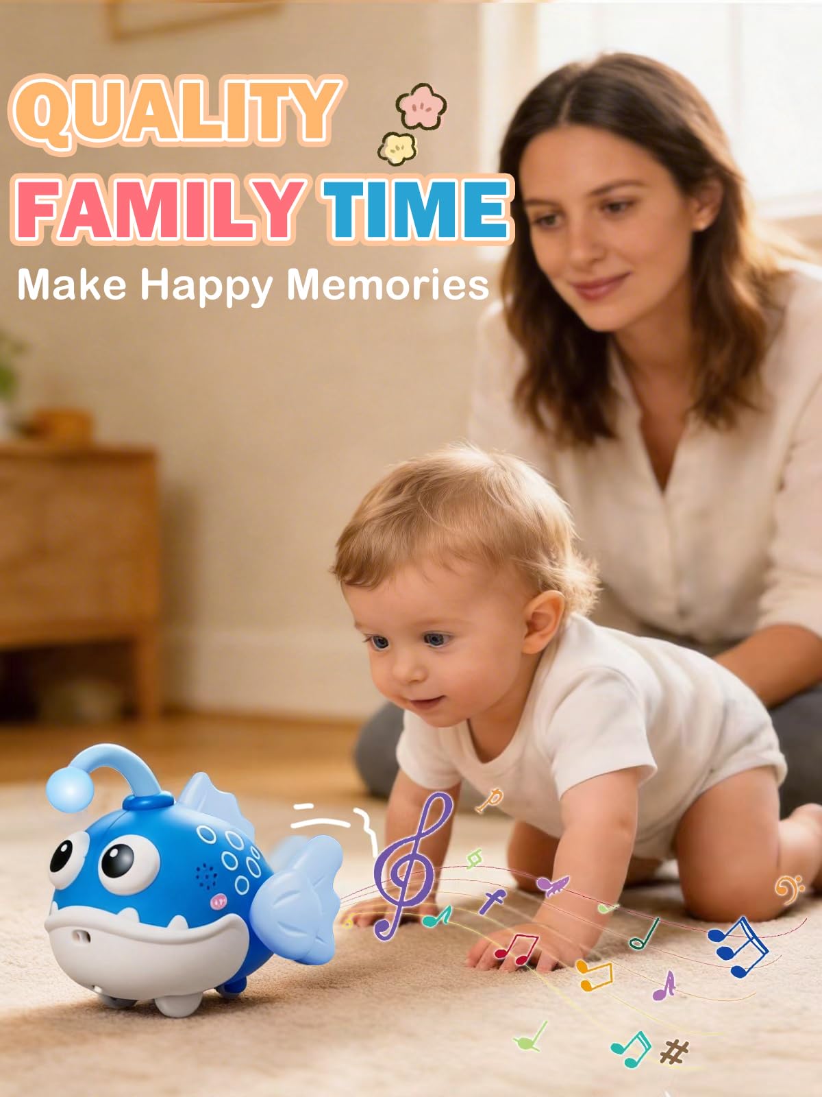 vexitemet Baby Crawling Toy Lantern Fish, Infant Tummy Time Toys & Musical Light Up 60 Songs, Early Development Toy for Infants and Toddlers 6-18 Months(Blue)
