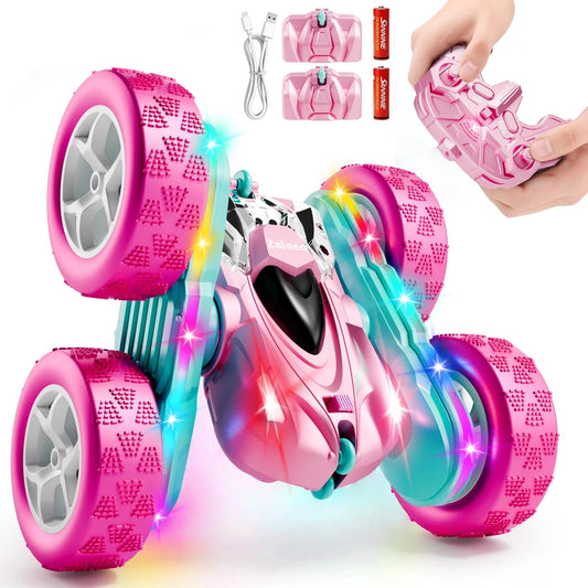 Zalneo RC Car Pink 4WD Remote Control Car 360° Flip Double‑Sided LED Light Bar & Quick‑Swap USB‑C Modular Battery, 2.4 GHz No‑Interference Popular Outdoor Beach Toy, Popular Gift for Girls Ages 6‑12