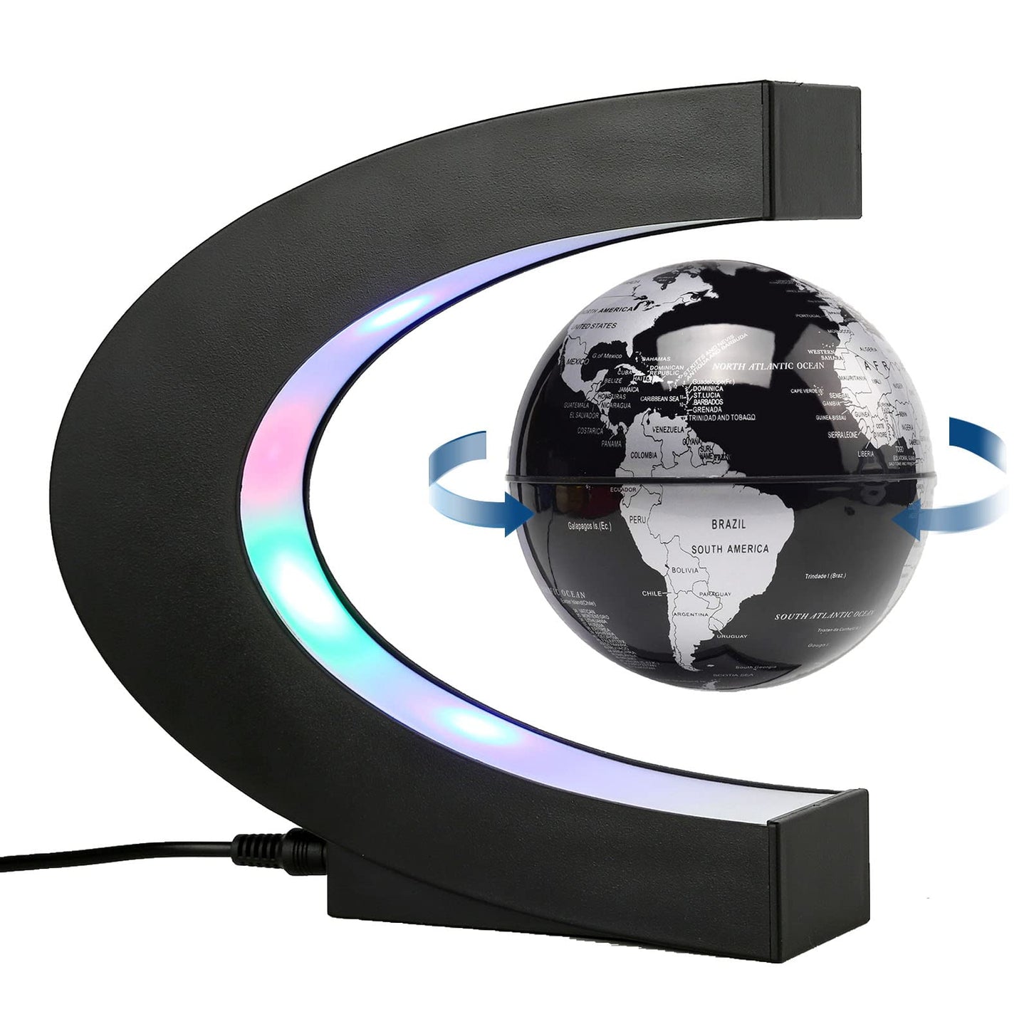 Magnetic Levitation Floating Rotating World Globe with LED Light - C Shape Anti Gravity Levitating Globe for Desk Office Decor, STEM Educational Map, Unique Tech Gift for Men Kids Boss, 3.5 Inches