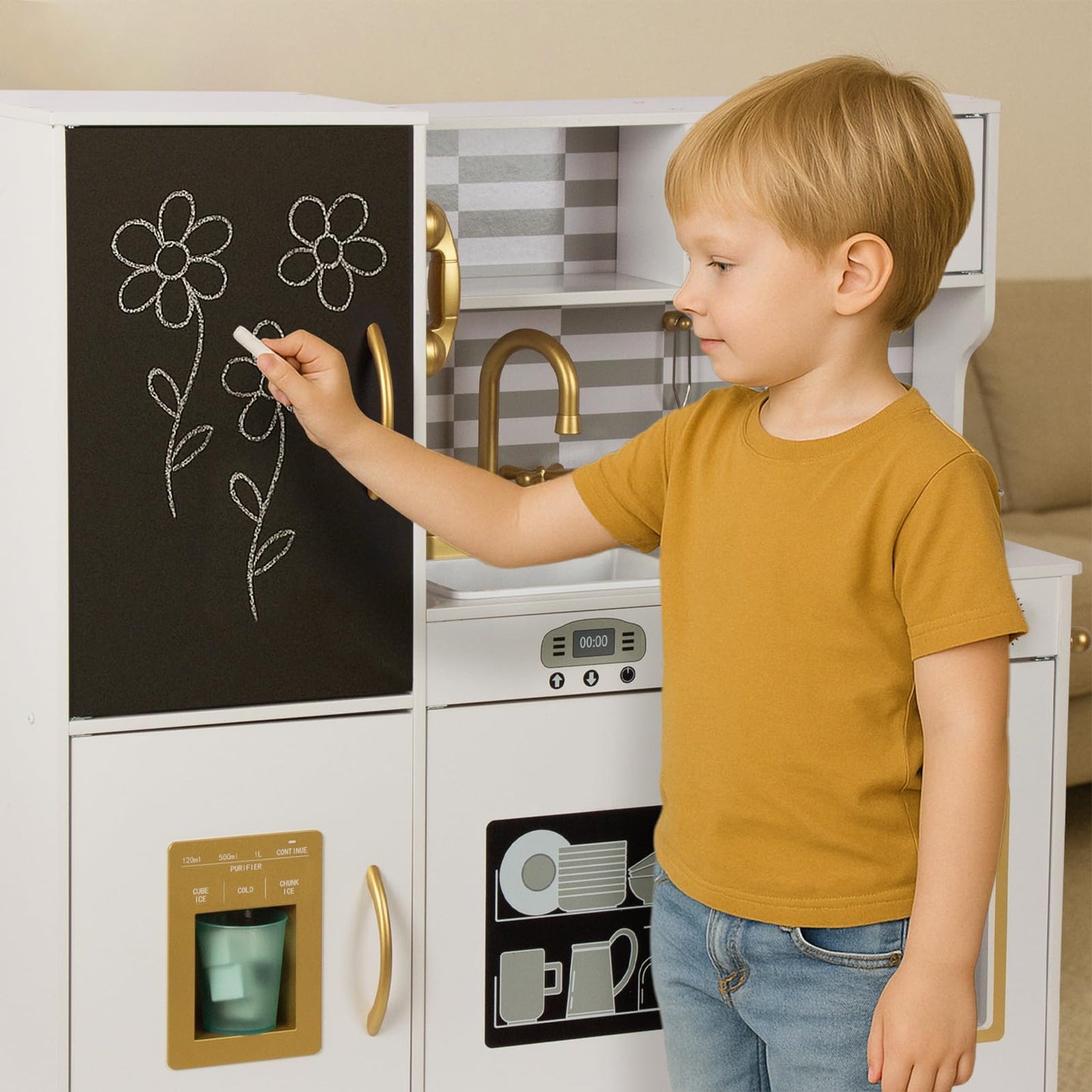 Kitchen Playset for Kids Ages 3-8, Wooden Kids Play Kitchen Chef Pretend Play Set for Toddlers, Toys Kitchen with Toy Food & Cookware Accessories
