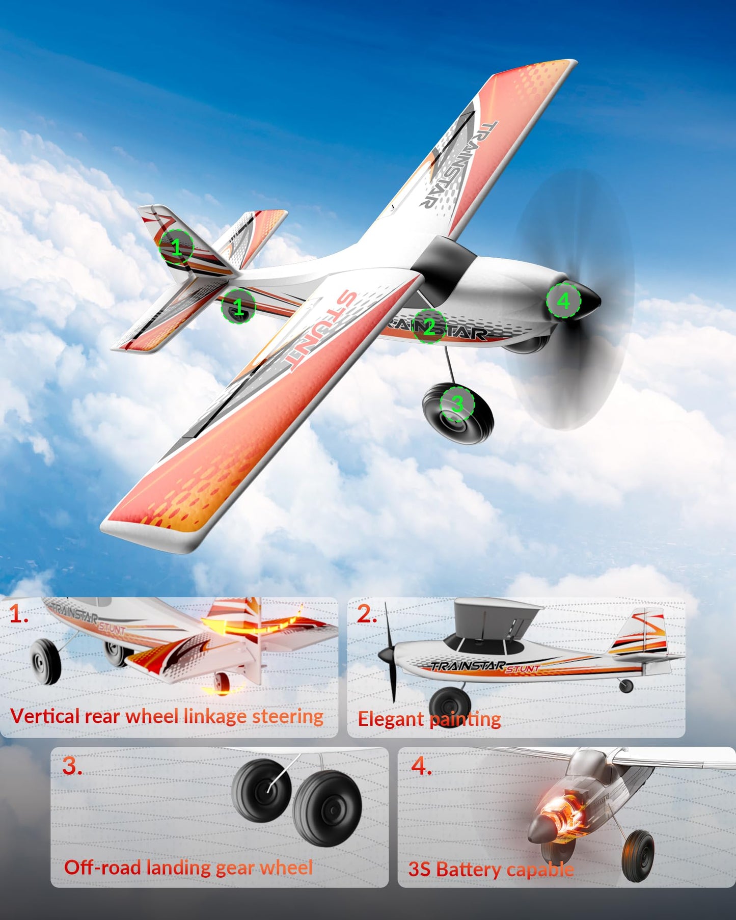 volantexrc 4 CH RC Plane TrainStar 500mm Brushless Remote Control Airplane Fighter RTF with 6-Axis Gyro,3 Modes & Aerobatics, 2.4GHz Radio Controlled Aircraft for Beginners & Adults (Red)