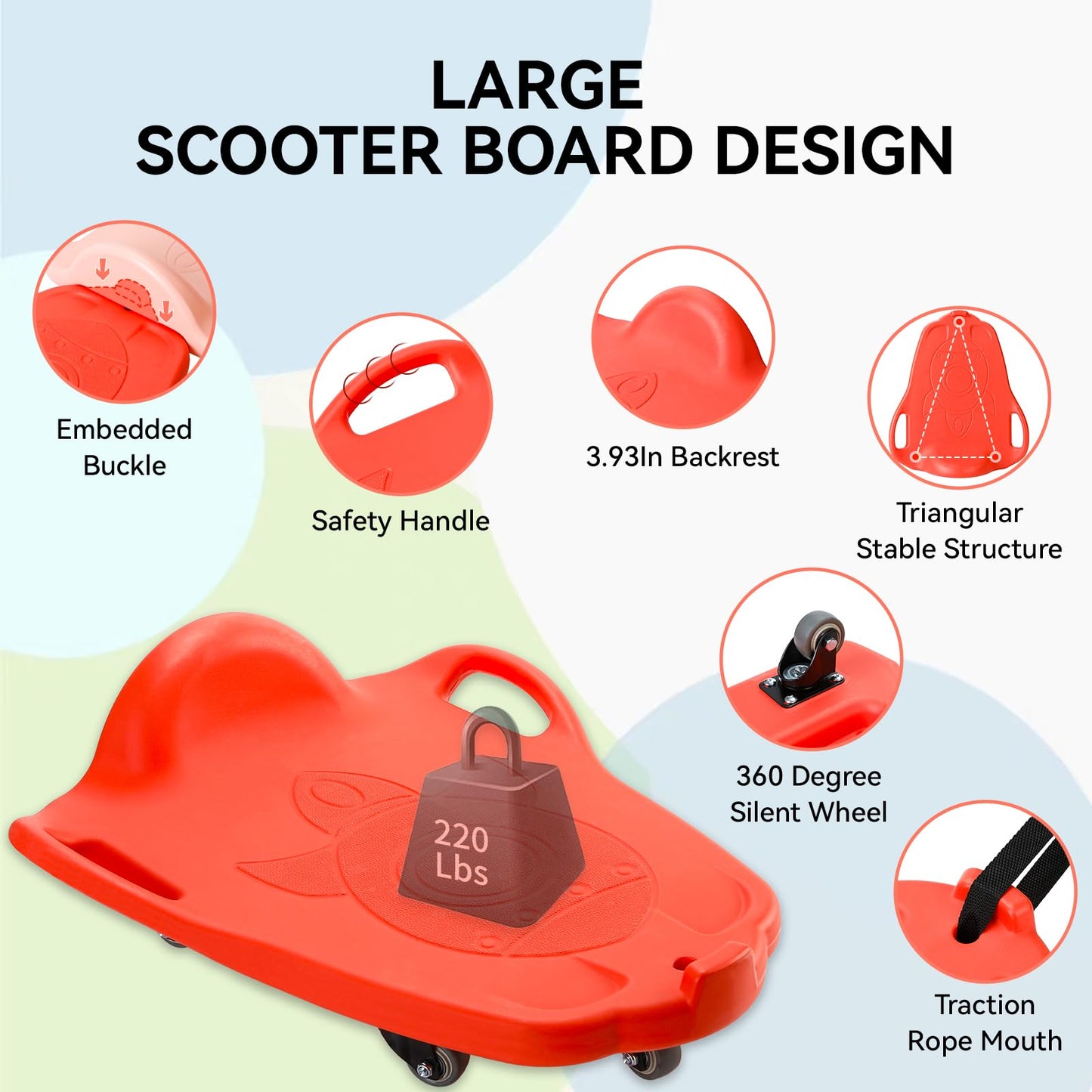 Large Scooter Board for Kids, Plastic Floor Scooter Board with 2 Paddles, 1 Rope, Handles, Buckle, 5 Wheels, Gym Scooters Boards for Indoor Outdoor Sports,Sensory Training (Red)