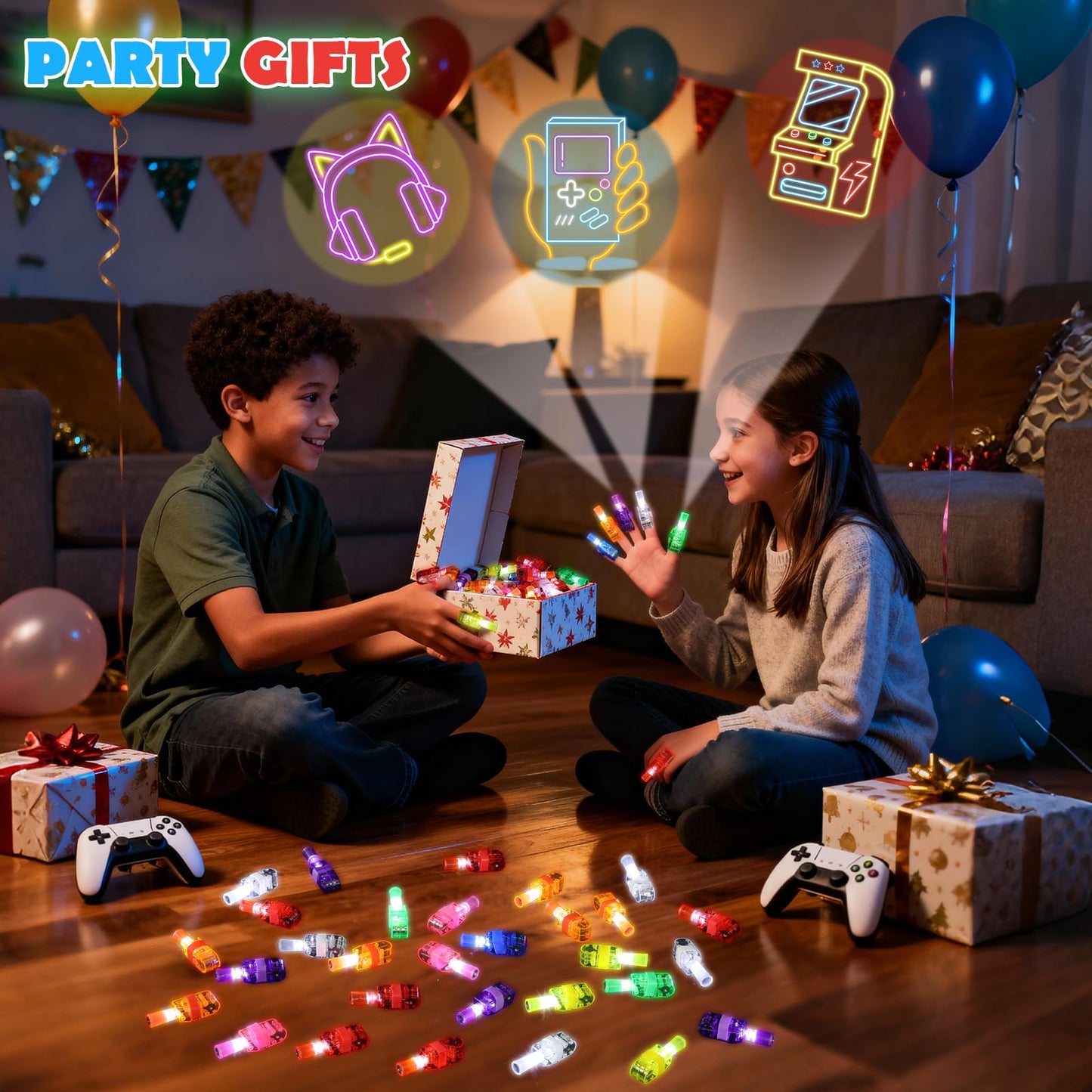 Mikulala 24 Pcs Video Gamer Party Favors LED Finger Lights, Glow in the Dark Neon Party Gifts for Boys Girls, Birthday Goodie Bags Stuffers, Classroom Treasure Box Prizes