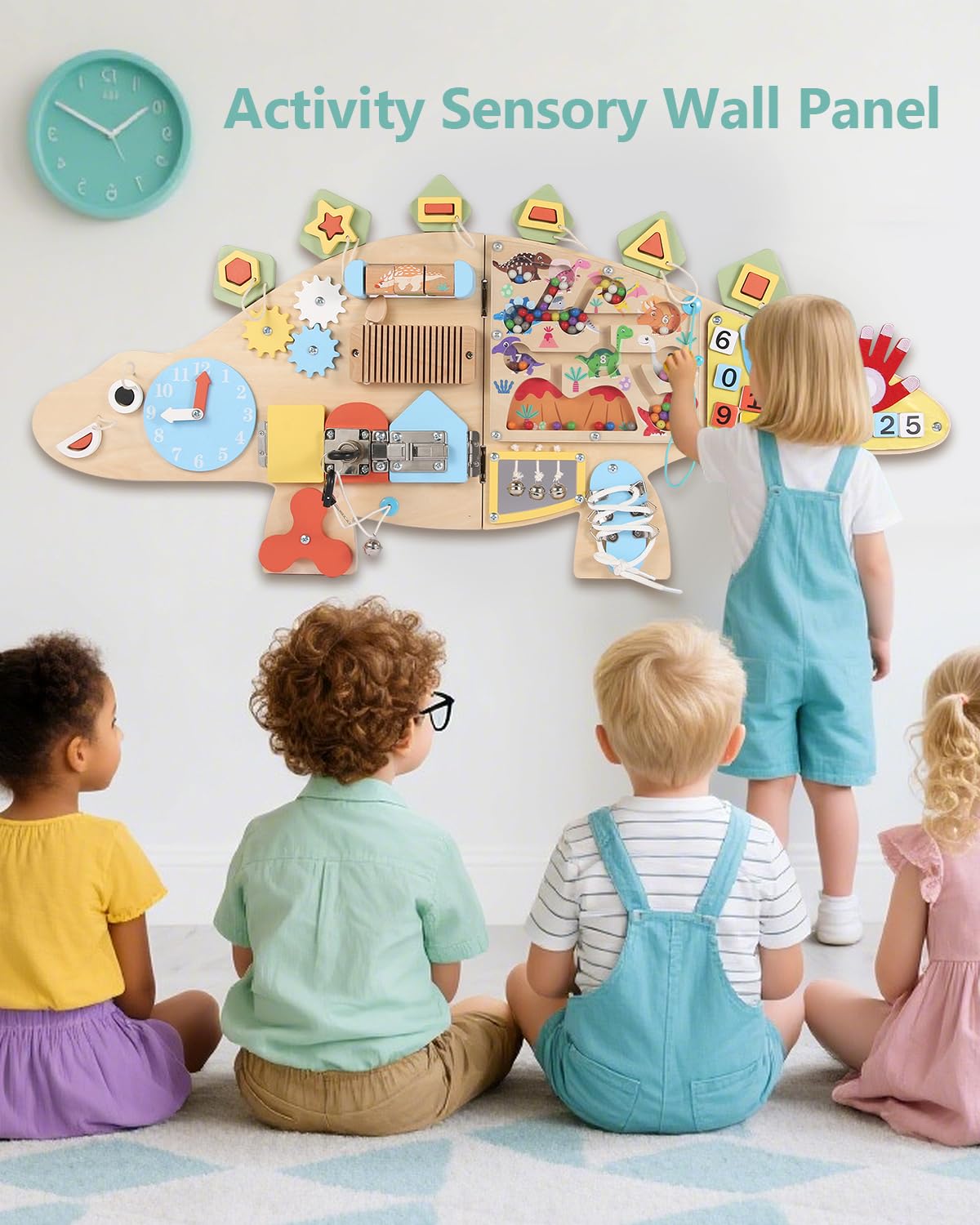 Dinosaur Activity Wall Busy Board - 11-in-1 Foldable Wooden Montessori Sensory Panel for Kids 3-7, Wall Mounted Toddler Learning Activity Center for Playroom Classroom Daycare, Autism Sensory Toy