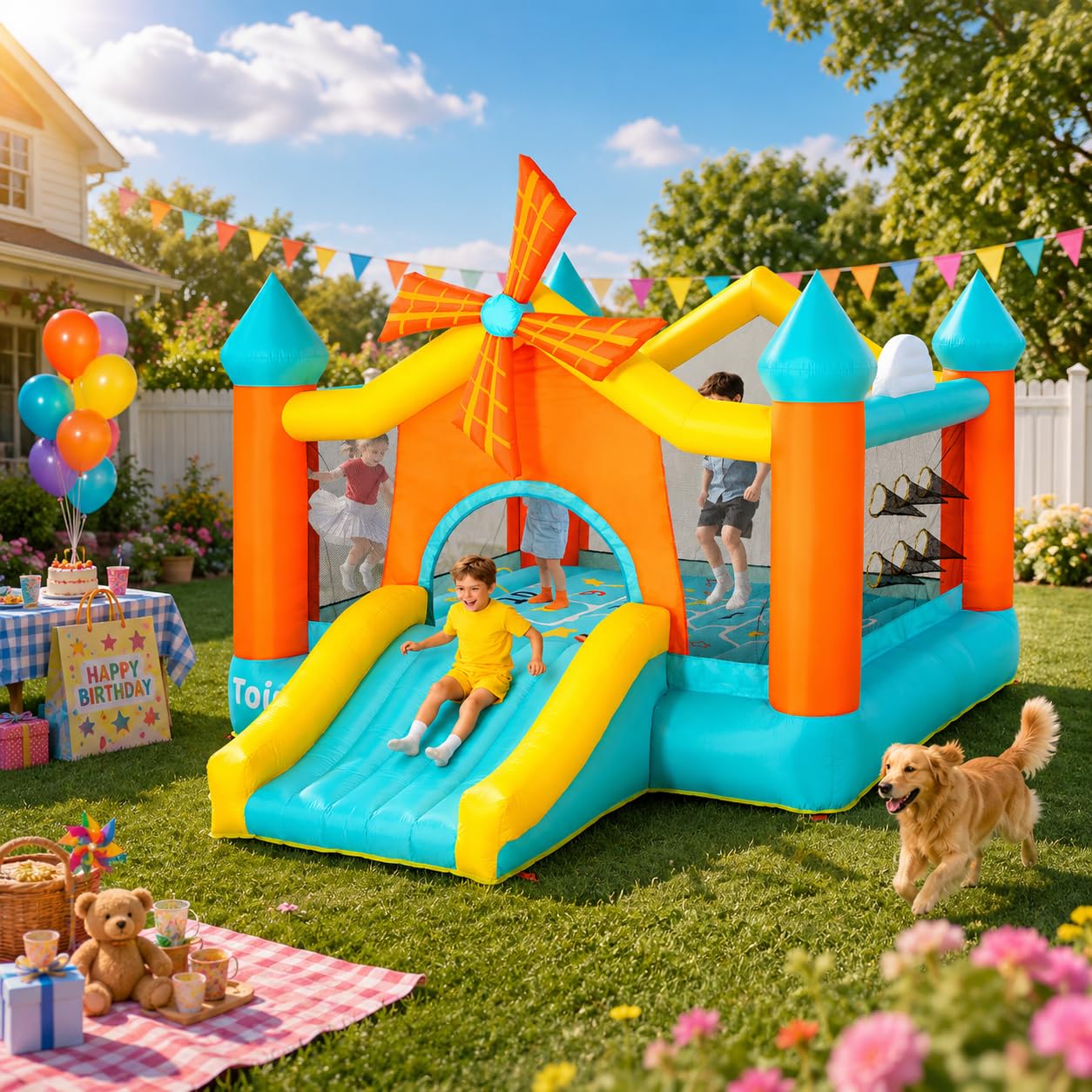 Bounce House for Big Kids 5-10, 12.5FT Windmill Inflatable Bouncy Castle with Slide & Games, Outdoor Backyard Birthday Party Jumper with Blower, Fits 4 Kids
