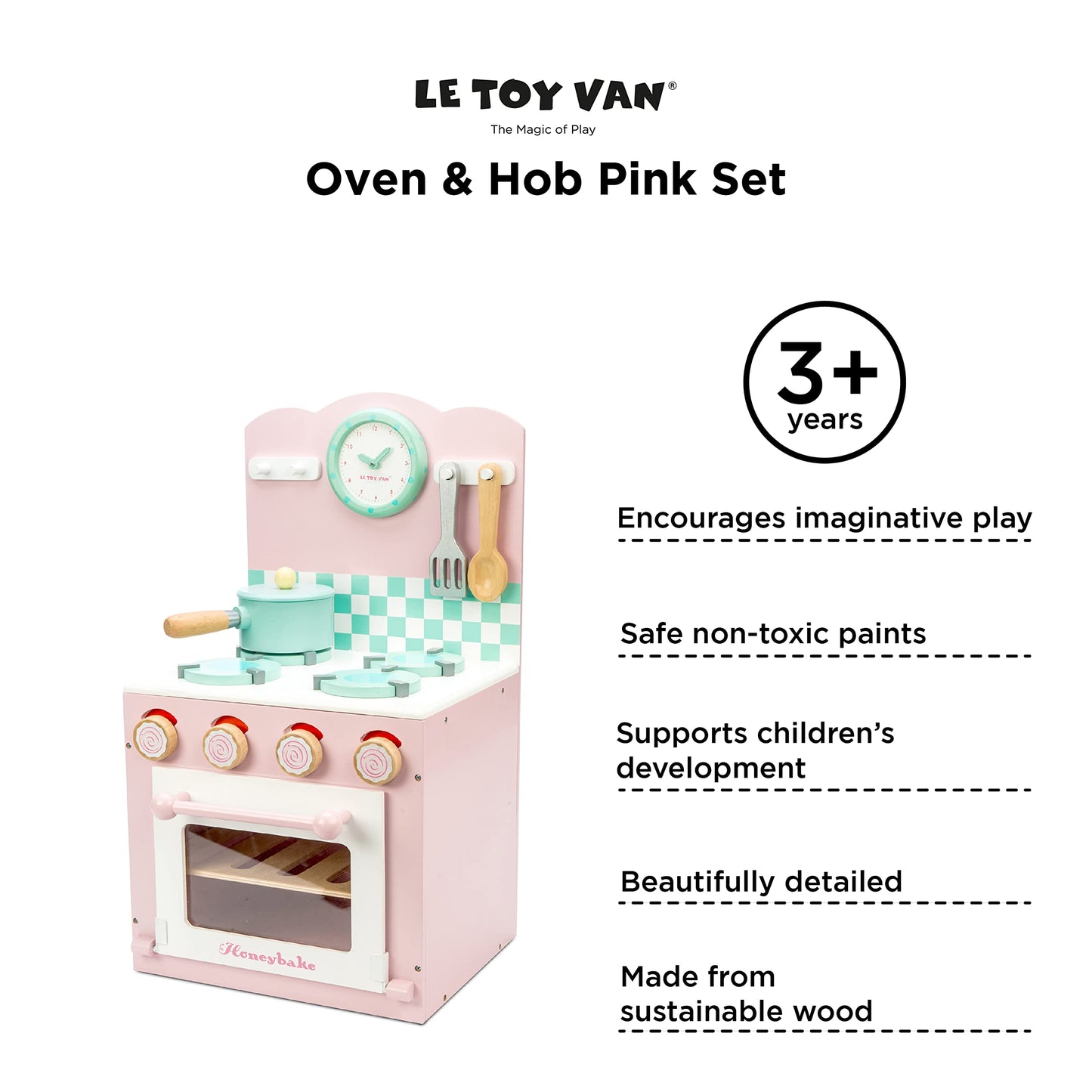 Le Toy Van - Colorful Wooden Honeybake Oven & Hob Pink Set | Wood Pretend Play Kitchen Toy Set | Girls and Boys Role Play Toy Kitchen Accessories
