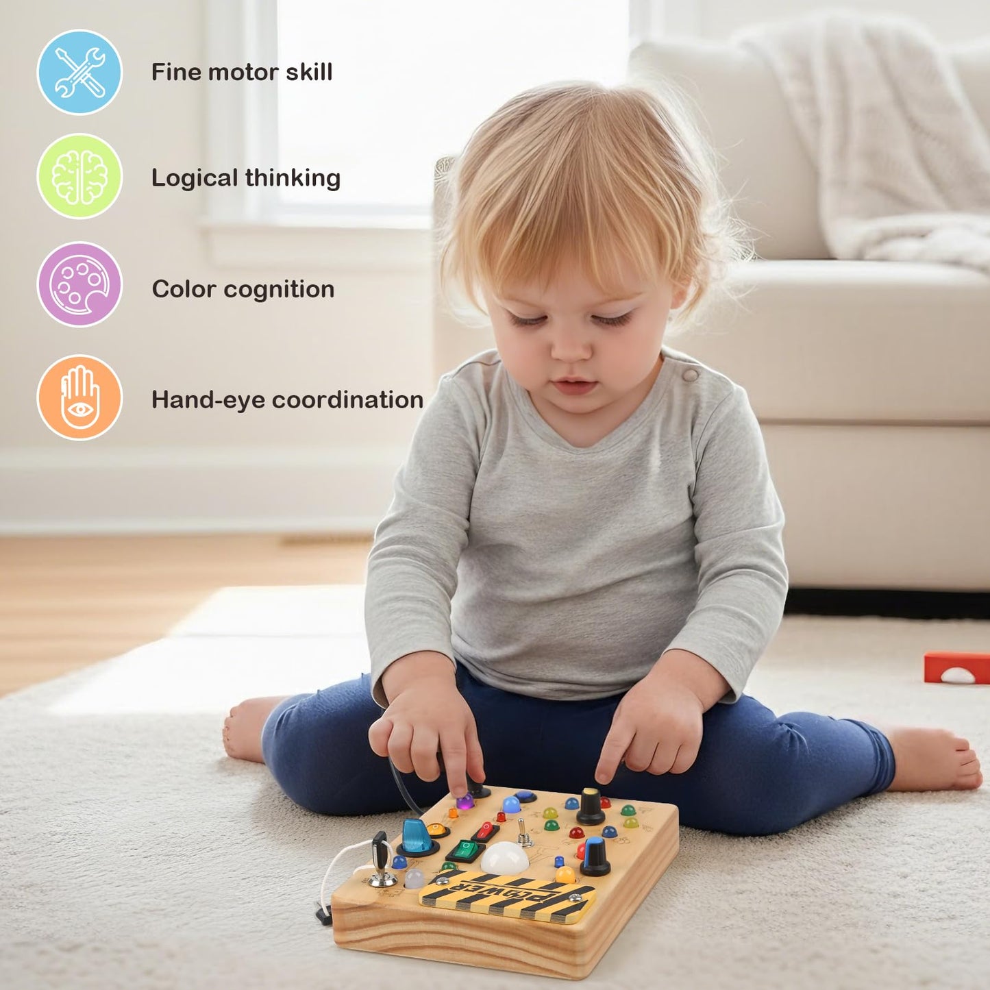 LED Busy Board for Toddlers 1-3,Montessori Sensory Toy with Key Switch and Plug, Light Up Wood Activity Switch Board for Fine Motor Skills, Educational Travel Toy Gift for 1 2 3 Year Old Boys Girls