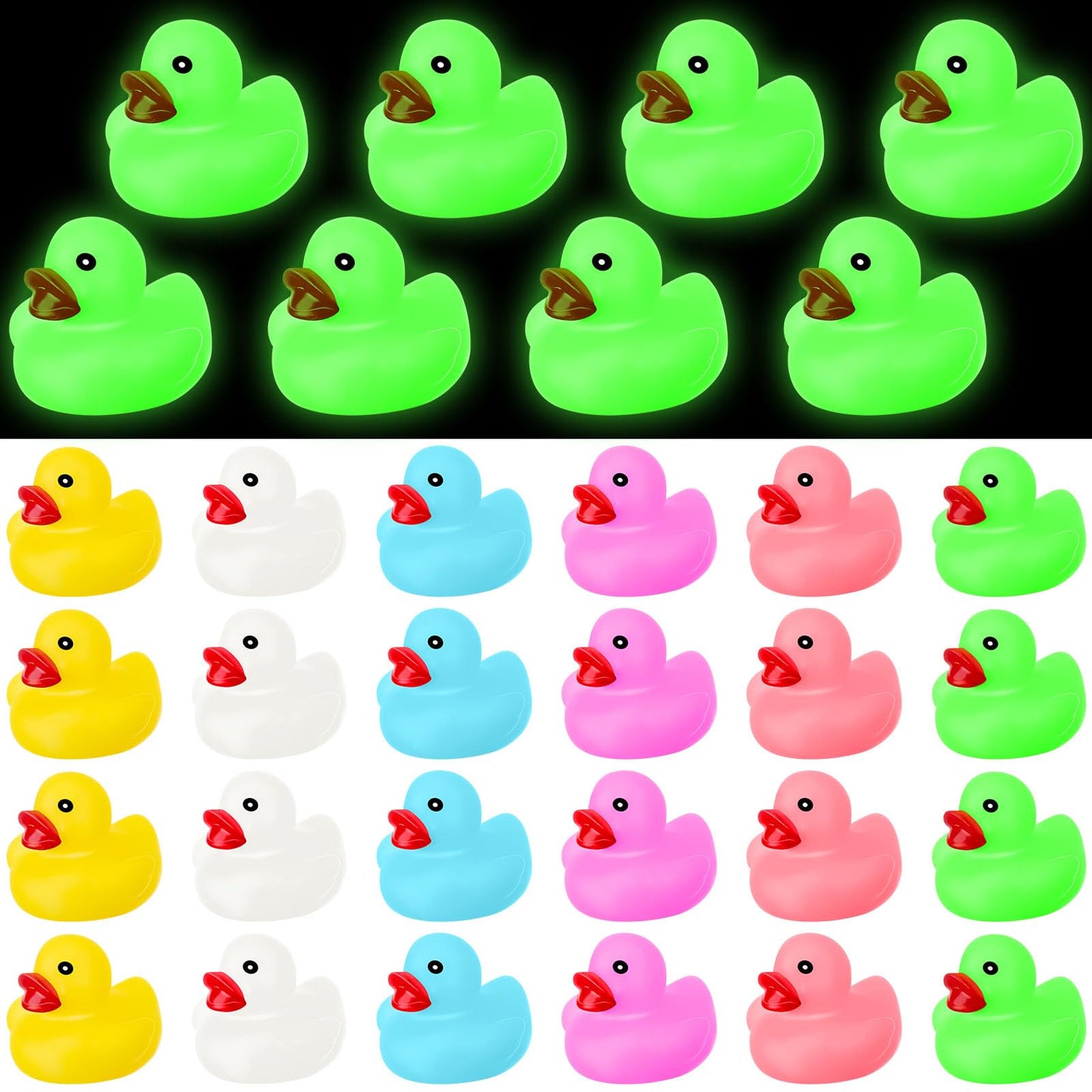 Chitidr 24 Pcs Glow in the Dark Rubber Ducks 2.2'' Luminous Mini Rubber Duck Fluorescent Tiny Light up Floating Squeaky Bathtub Toys for Baby Showers Summer Beach Pool Party Games (Colorful)