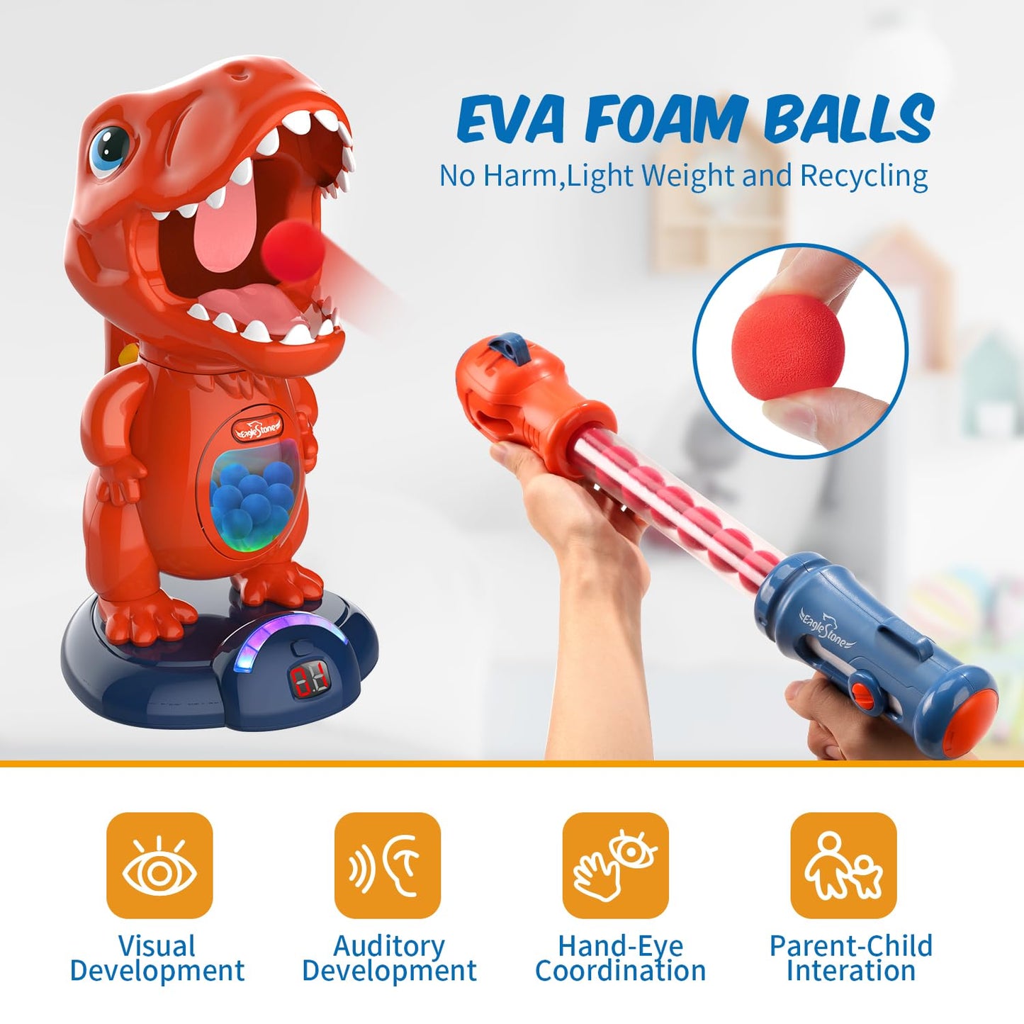 EagleStone Movable Dinosaur Shooting Toys for Kids Games with 2 Air Pump Gun, Party Toys with Score Record, LED & Sound, 48 Foam Balls Electronic Target Practice Gift for Boys and Girls