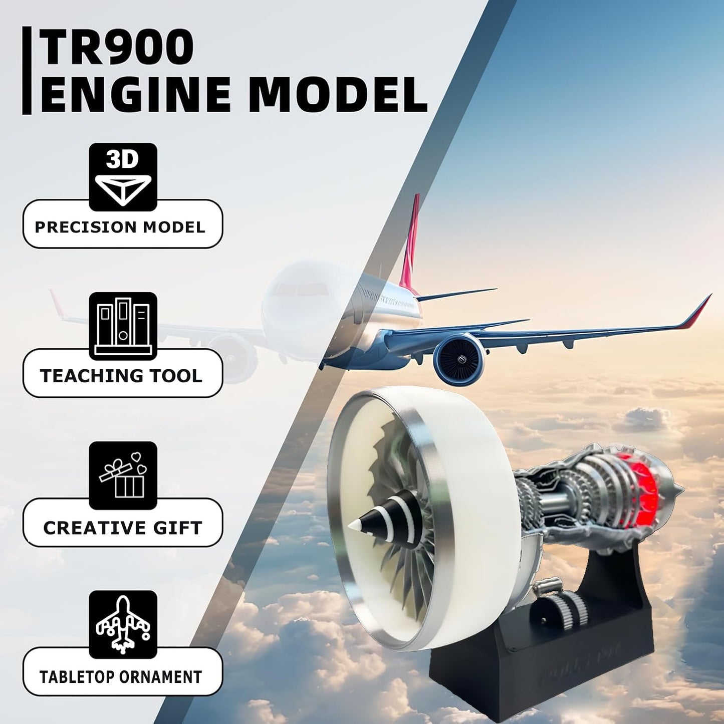Turbofan Jet Engine Model Kit - 28CM A380 TR900 Aircraft Engine Replica with LED Lights & Adjustable Speed - DIY Mechanical STEM Project for Adults, Aviation Enthusiast Desktop Decor & Gift