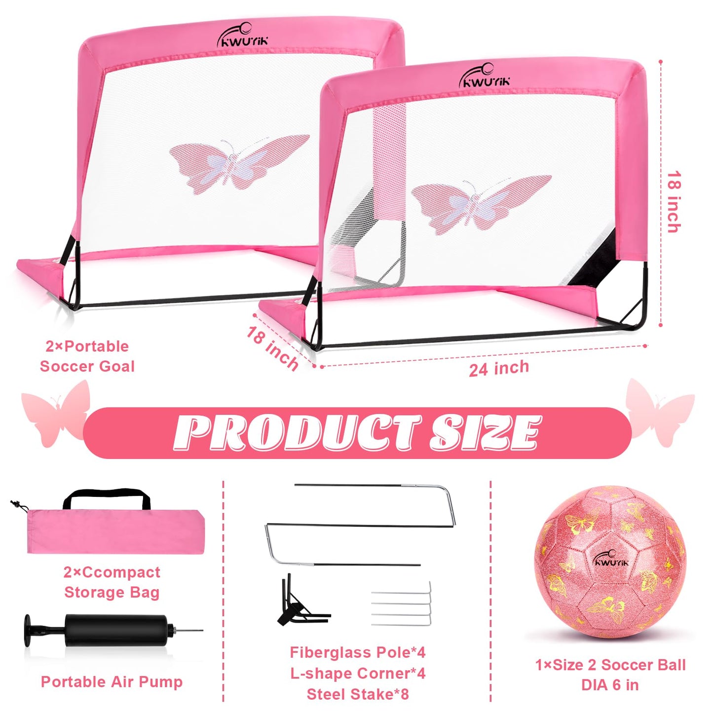 Kids Soccer Goal Set with Size 2 Pink Glitter Butterfly Soccer Ball and Pump 2x1.5ft Portable Butterfly Print Soccer Nets for Toddlers Ages 3-5 Indoor Outdoor Backyard Training Gift Boys Girls