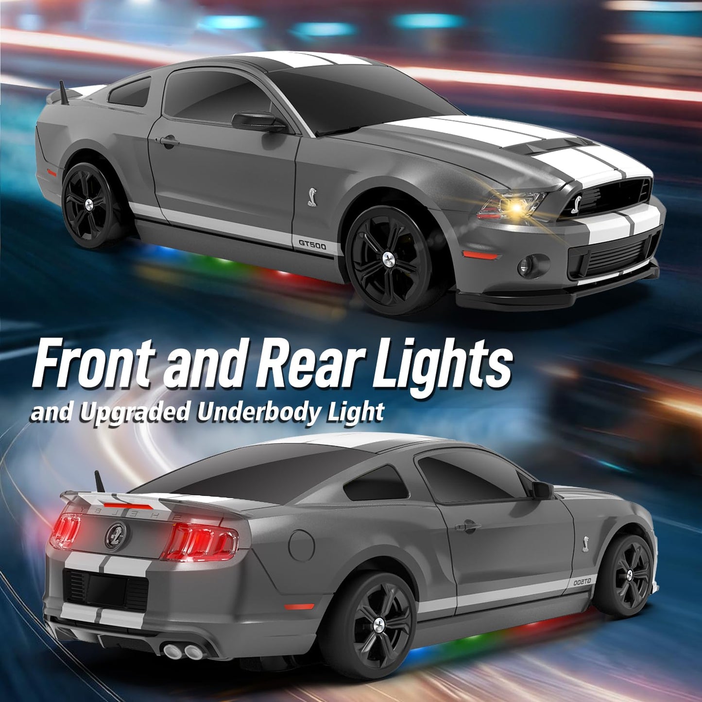 YONCHER RC Drift Car, Remote Control Car for Kids Ford Mustang Shelby GT500 Officially Licensed, 1:24 20KM/H 4WD with Lights, Fast Racing Toy Car for Boys Girls, Gray
