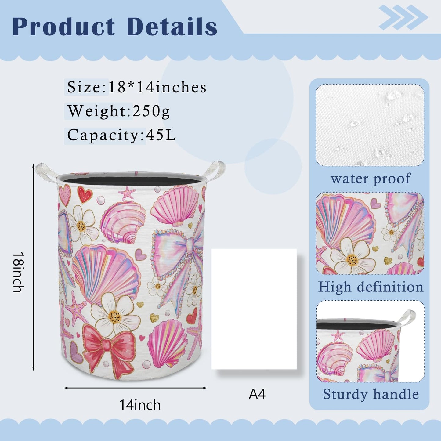 TAZSWDMM Preppy Bow Coastal Beach Laundry Basket Hamper, Coquette Seashell Starfish Ocean Foldable Clothes Toys Books Storage Box Bins Baskets Organizer for Girls Dorm Room Bathroom Home