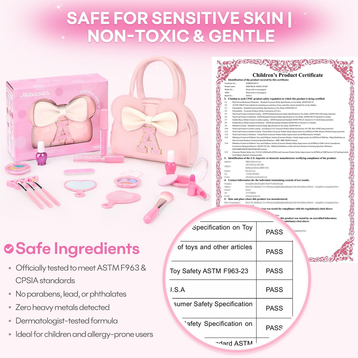 Kids Real Makeup Kit for Girls - 18Pcs Non-Toxic Washable Make Up Toys with Initial Toddler Purse - Personalized Birthday Gifts for Age 3 4 5 6 7 8 9 10 Years Old Girls Vanity Set - S