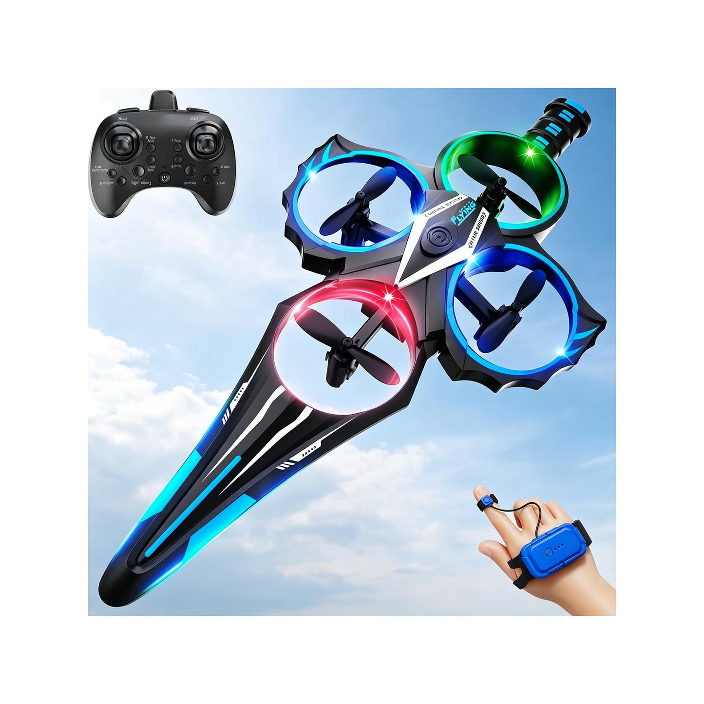 Virellia Flying Sword RC Airplane, Gesture Control Airplanes for Kids Adult 8-16, Remote Control Drone Sword with Light, 360° Flip Fighter Jet Toy, Gravity Sensing, Stunt Roll, Gift for Boy Girl, Blue