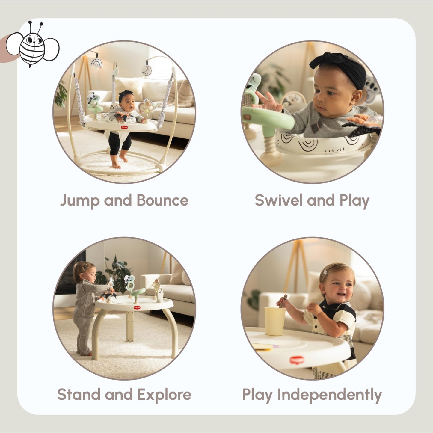 Tiny Love 4-in-1 Jump & Play Stationary Activity Center, Baby Jumper with Lights & Music, Developmental Toys, 360 Swivel Seat, Baby Activity Entertainer for 6 Months+, Black and White