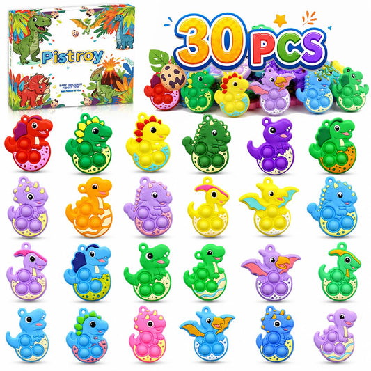 Pistroy 30PCS Mini Dinosaur Pop Keychains for Kids, Dinosaur Party Favors, Mini Pop Its Bulk, Pop It Fidget Toys, Goodie Bag Stuffers, Classroom Prizes, Treasure Box Toys, Pinata Fillers