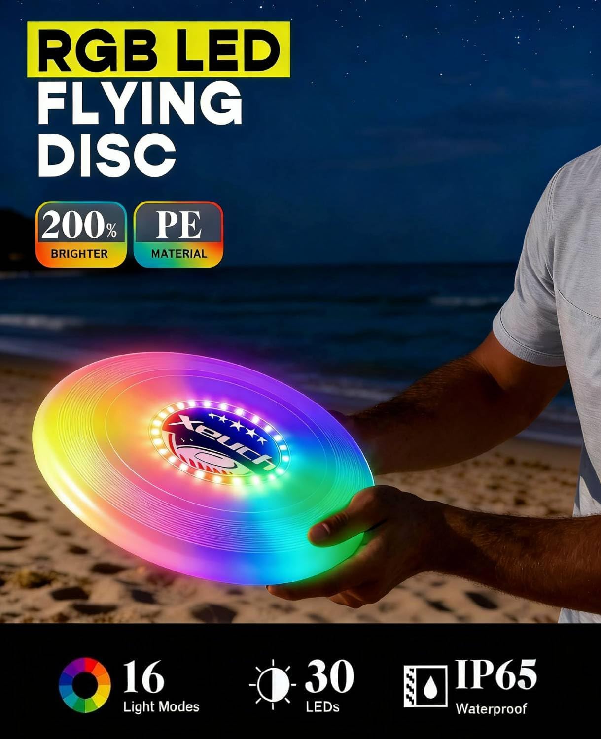 Xeuch Light Up Flying Disc 2 Pack, 175g, 16 Lighting Modes, 4 Brightness, 600mAh Rechargeable Battery, Built-in Timer and Sensor for Beach Camping Outdoor Games, Gift for Kids/Teens/Adults