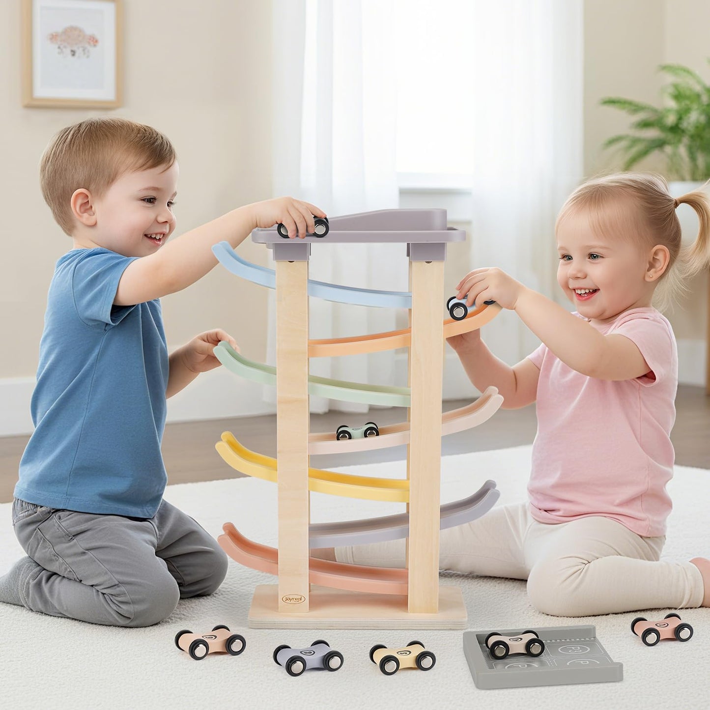 Joyreal Montessori Toddler Toys for 1 2 3 Year Old - 7 Level Wooden Car Ramp Racer Toys with 8 Mini Cars & 2 Garages - Christmas Birthday Gifts for 2 Year Old Boys and Girls