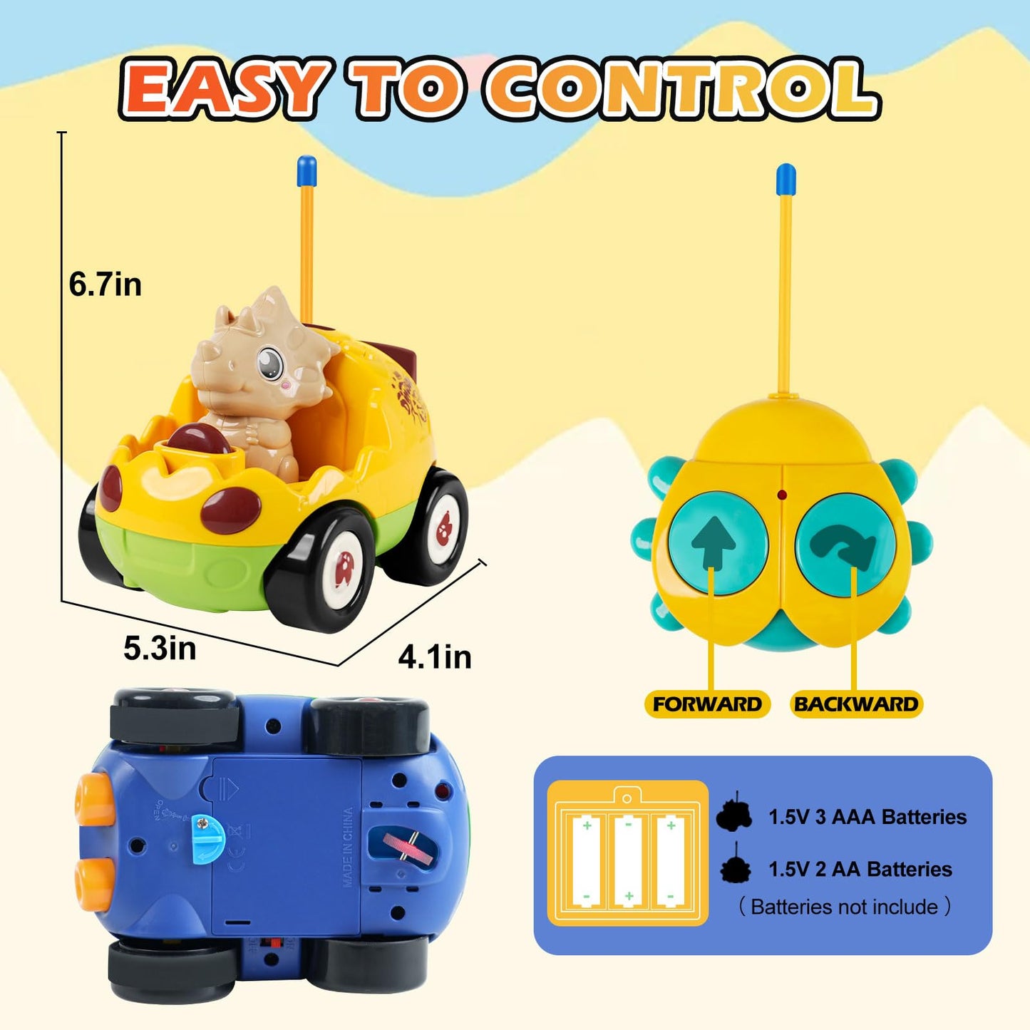 QPOU 2-Pack Remote Control Dinosaur Toy Car for Kids - Birthday Gifts for Boys Toddlers Ages 18+ Months, 2 3 4 5 Year Old, Dino RC Vehicle with Lights and Music