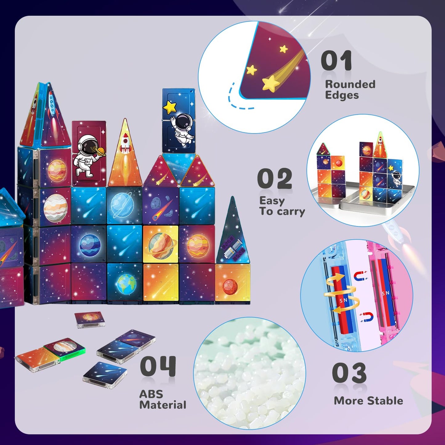 kocojrff Mini Magnetic Tiles Travel Set, 31Pcs STEM Travel Magnatiles with Metal Case, Space Theme Educational & Creative Magnet Tiles for Kids