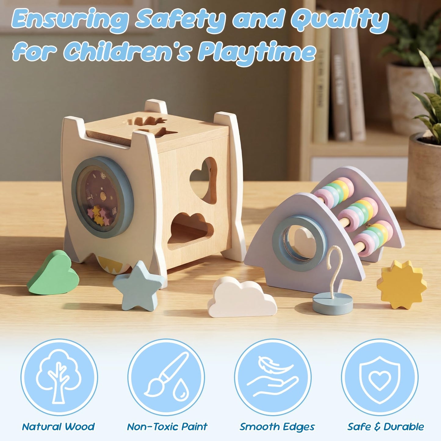 Wooden Space Toys for Baby, Wood Activity Cube Montessori Toys for 1 2 3 Years Old Boys Girls Birthday Gifts