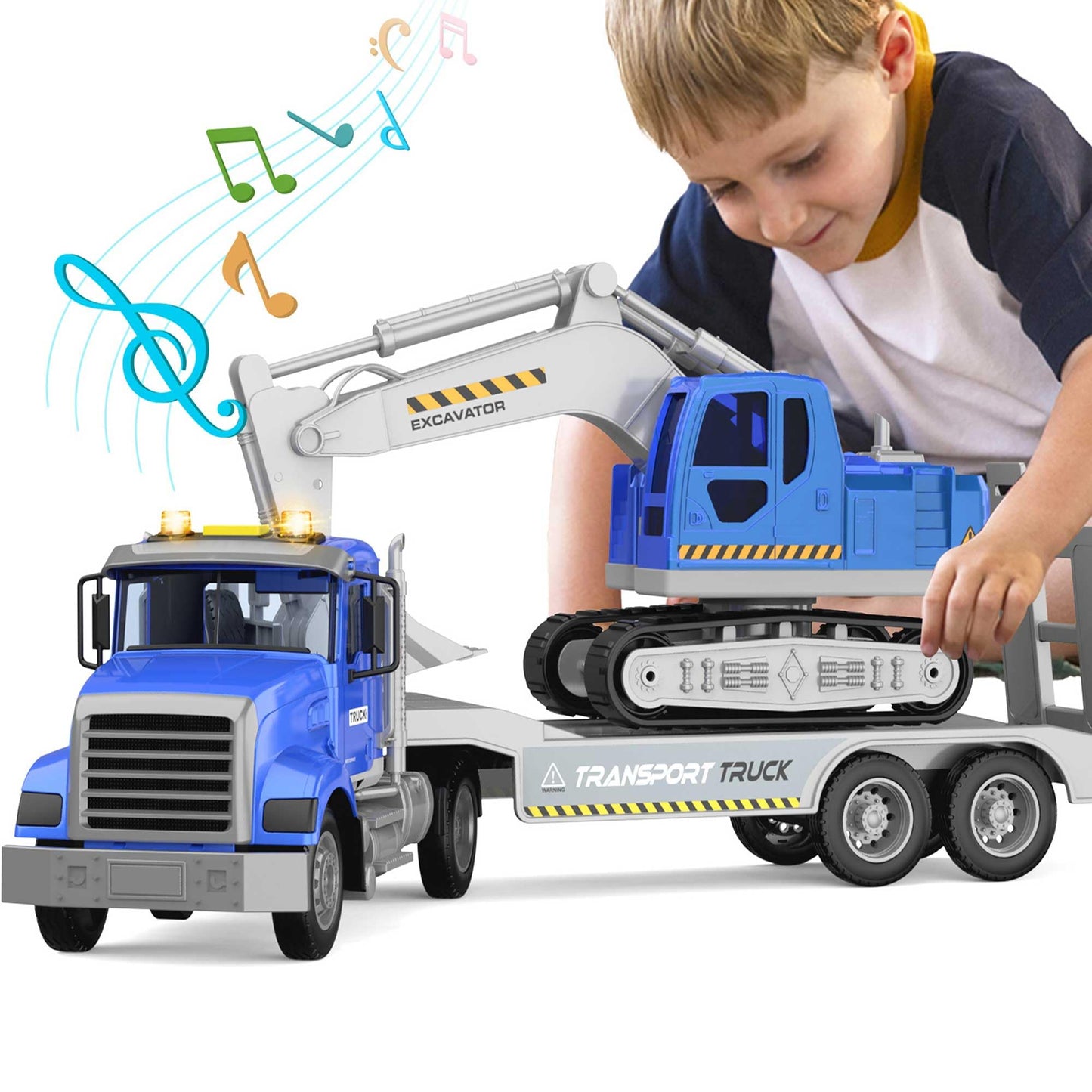 DOWELLIN Transports Trucks Kids Toys, 22" Large Semi Truck Toy Carrier and Excavator Truck with Sound&Light,Friction Powered Cars Toys Birthday for Boys Girls 3 4 5 6 7 8