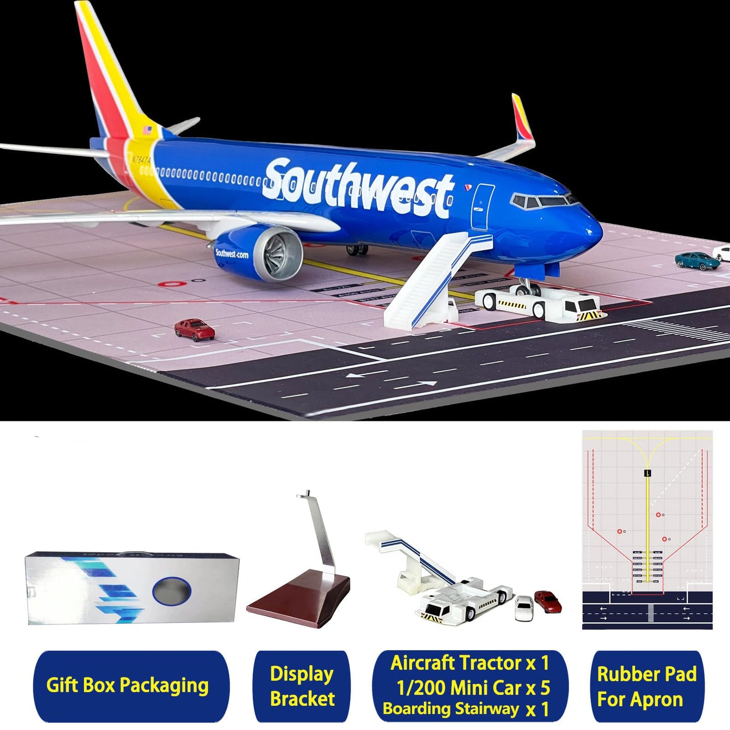 LDQUNS B737 Airplane Model, 1/85 Scale B737 Model 18.5 Inches Length, with LED Lights and Rubber Airport Mat - Ideal Collection and Gift