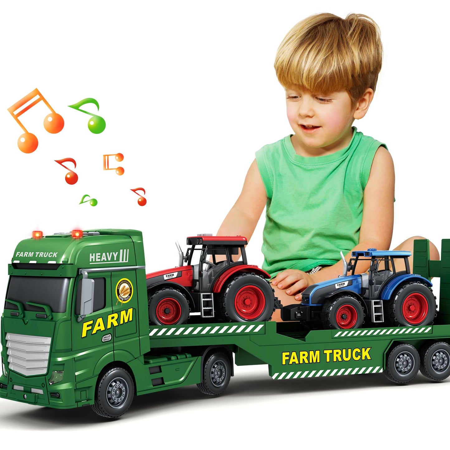 Bstoyder Toddler Boy Toys for 3 4 5 6 7 Years Kids, 25" Semi Flatbed Truck Toy with 2 Tractors, Friction Powered Vehicles Toys with Lights and Sounds, Birthday for Boy Girls