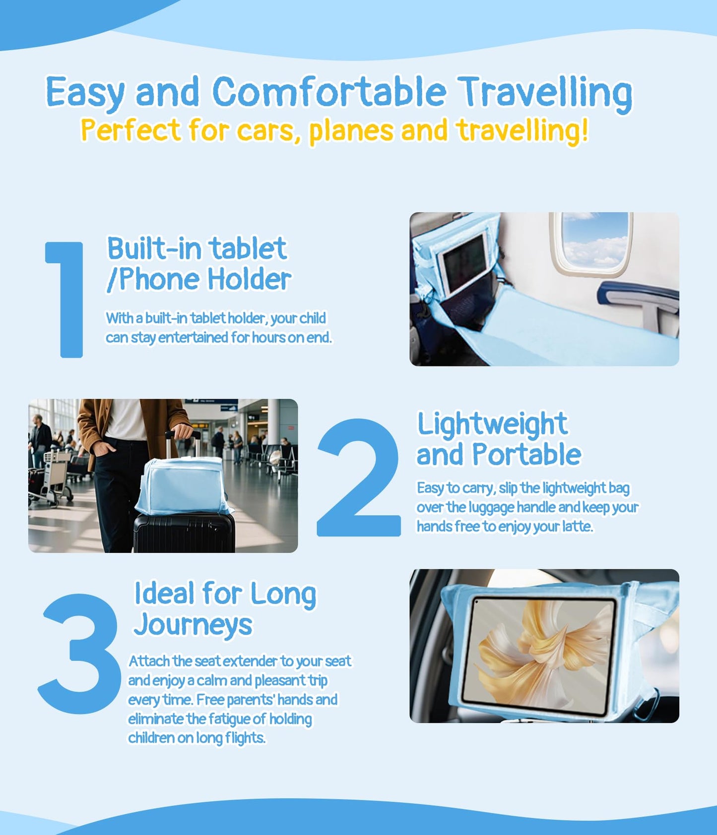 Toddler Airplane Bed, Toddler Travel Bed Airplane Seat Extender for Kids, Plane Tray Cover with Built-in Holder, Baby Travel Essentials for Flying, Portable Plane Footrest for Kids Blue