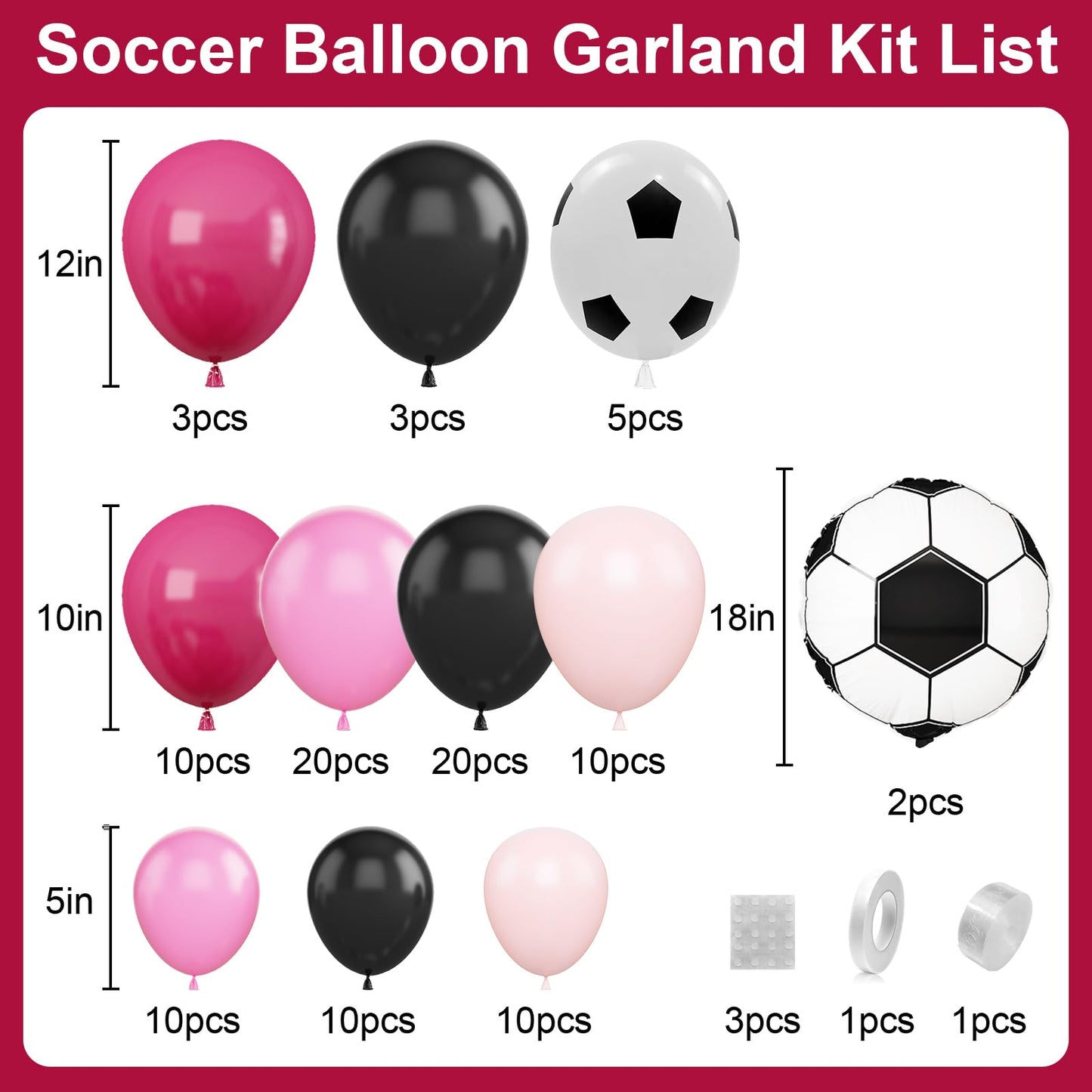 Soccer Party Balloon Garland Arch Kit, Black Hot Pink Decorations With Foil Balloon for Women Girls Kids Birthday Sports Theme, Football Party Decor Supplies