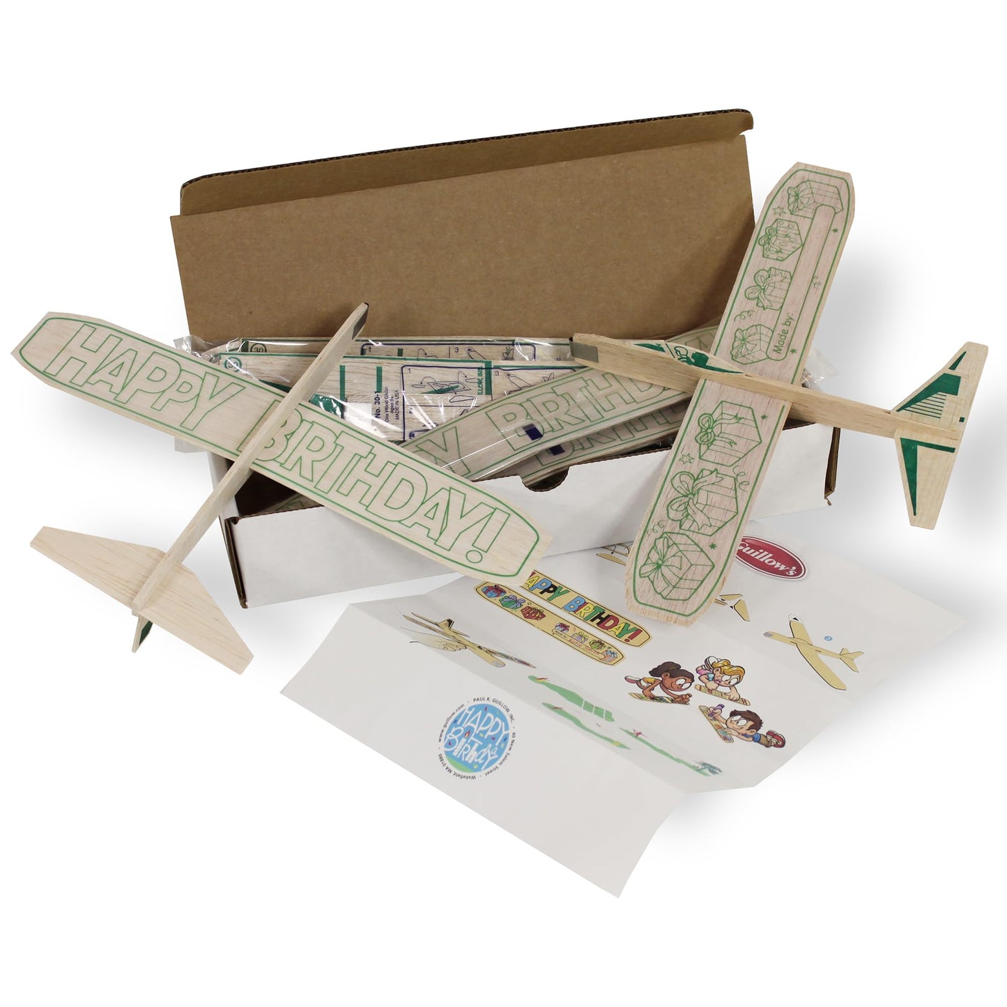 Guillow's 12" Balsa Glider Planes: Happy Birthday - 6 Pack Bundle - Flying Airplane Building Kit, Assemble & Decorate Wooden Gliders, Party Craft Kids Ages 8+