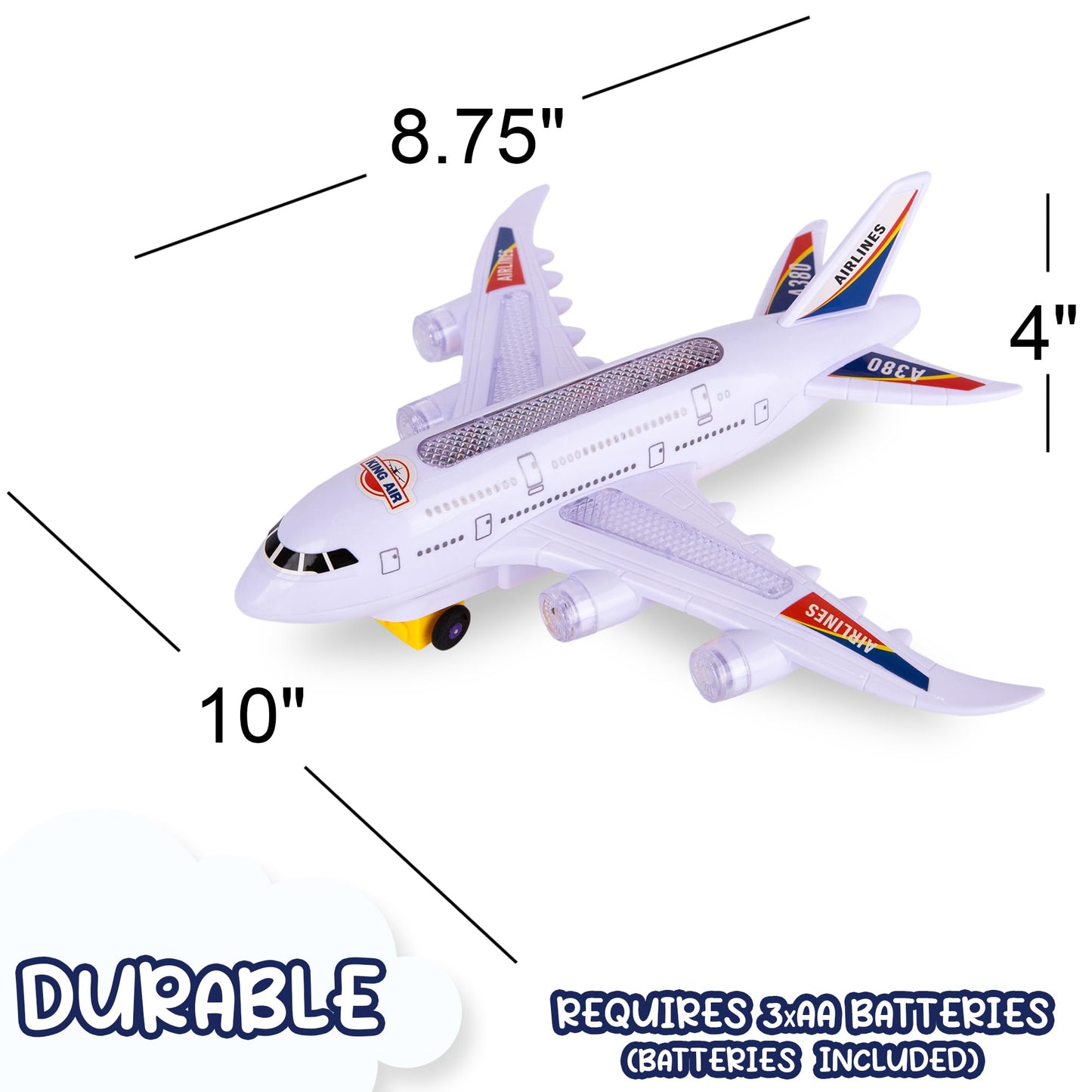 ArtCreativity Light-Up Airplane Toy with Bump & Go Action, Flashing LED Lights & Takeoff Sounds – Kids Airplane Toy with Moving Wheels – Fun Birthday Gift for Boys & Girls Ages 3-8