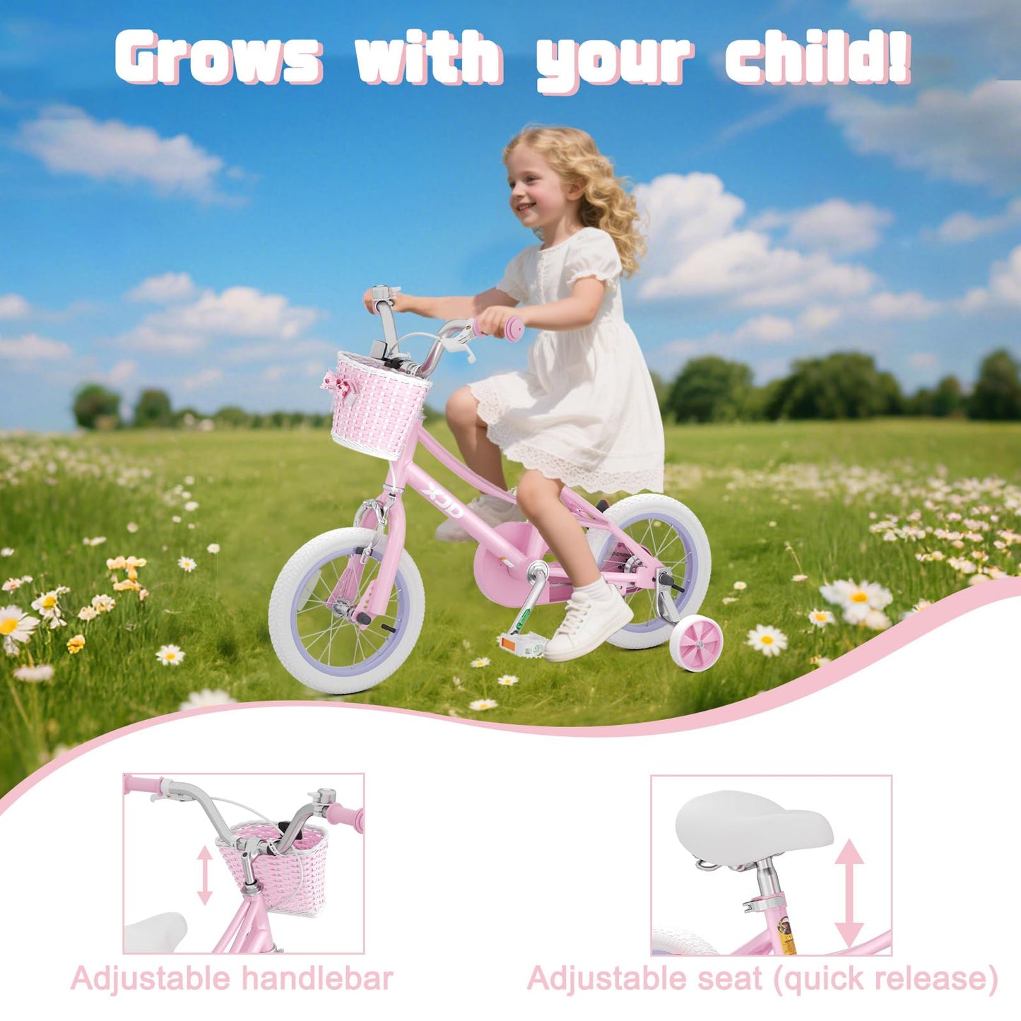 XJD Girls Bike for 2-12 Years Old Kids 12 14 16 20 Inch Toddler Bike, Kids Bike with Training Wheels,Adjustable Seat and Handlebar (12 Inch with Training Wheels, Pink)