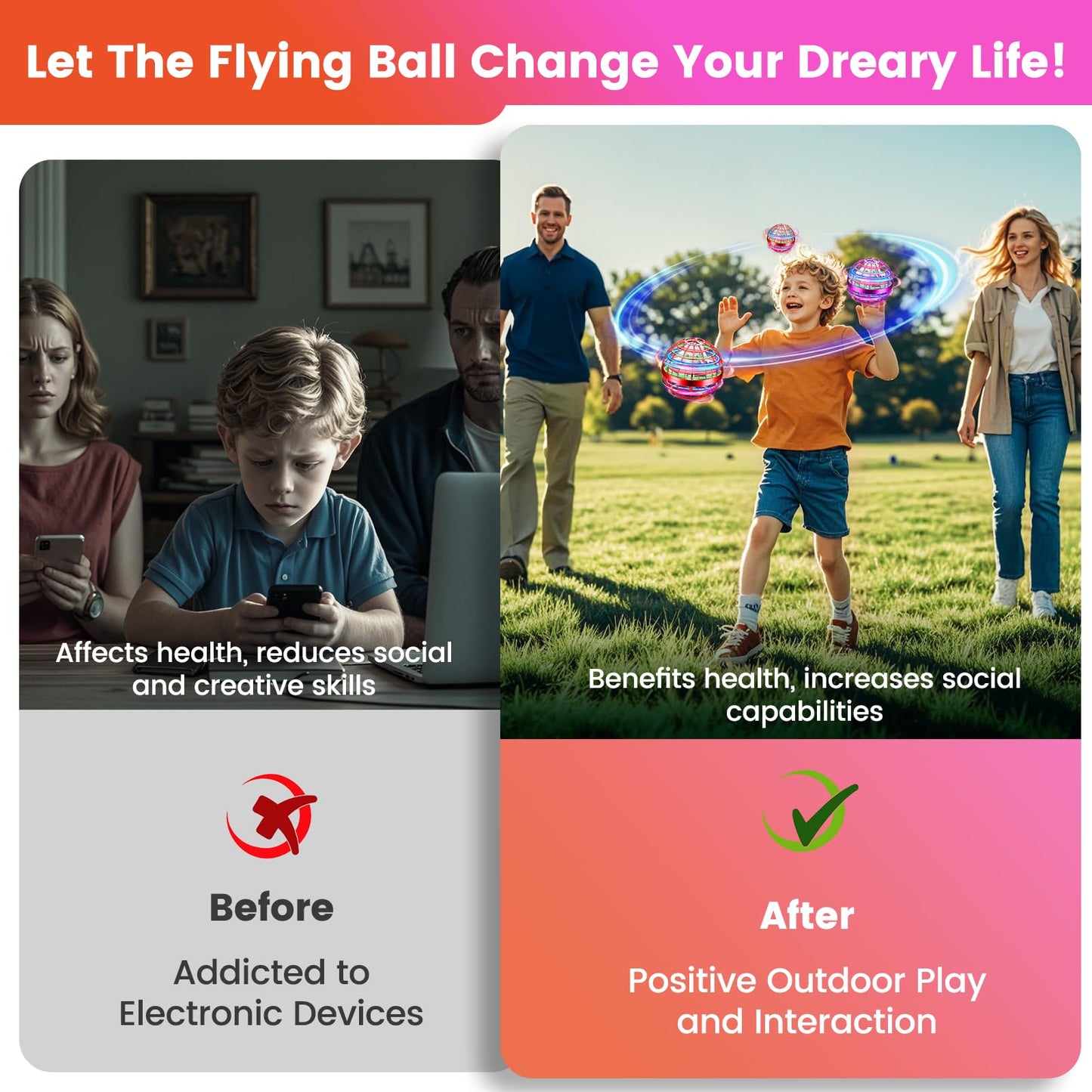 NWLAEWR Flying Orb Ball Toy, 2026 Upgrade Hand Controlled Hover Ball with LED Lights, 360° Rotating Boomerang Globe, Cool Mini Drone, Ideal Birthday&Christmas Gift for Boys Girls-Red & Purple