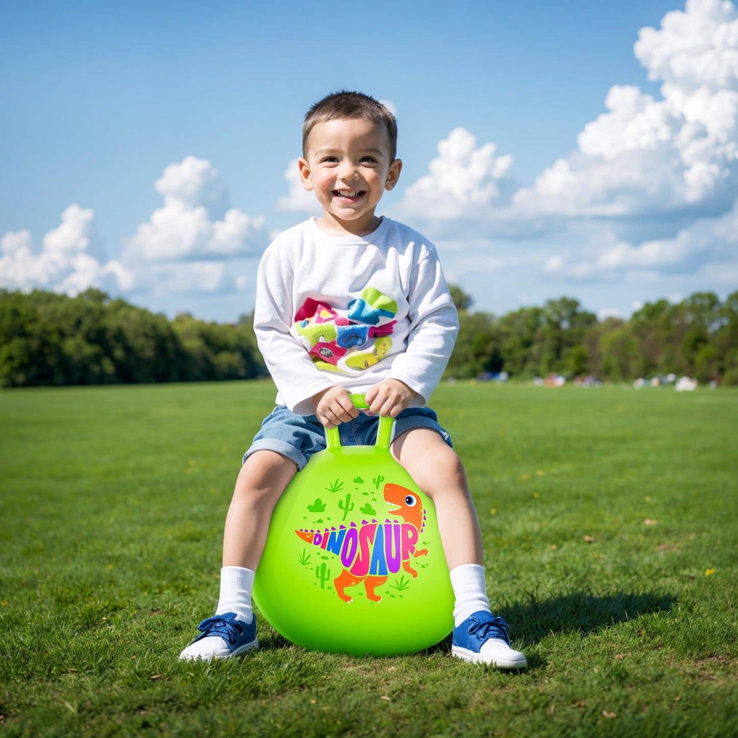 ZOOJOY Hopper Ball for Kids, 18In Bouncy Ball with Handle, Inflatable Green Dinosaur Boys Toys with Pump, Indoor Outdoor Hopping Gifts for Boys Girls 3 4 5 6 7 8