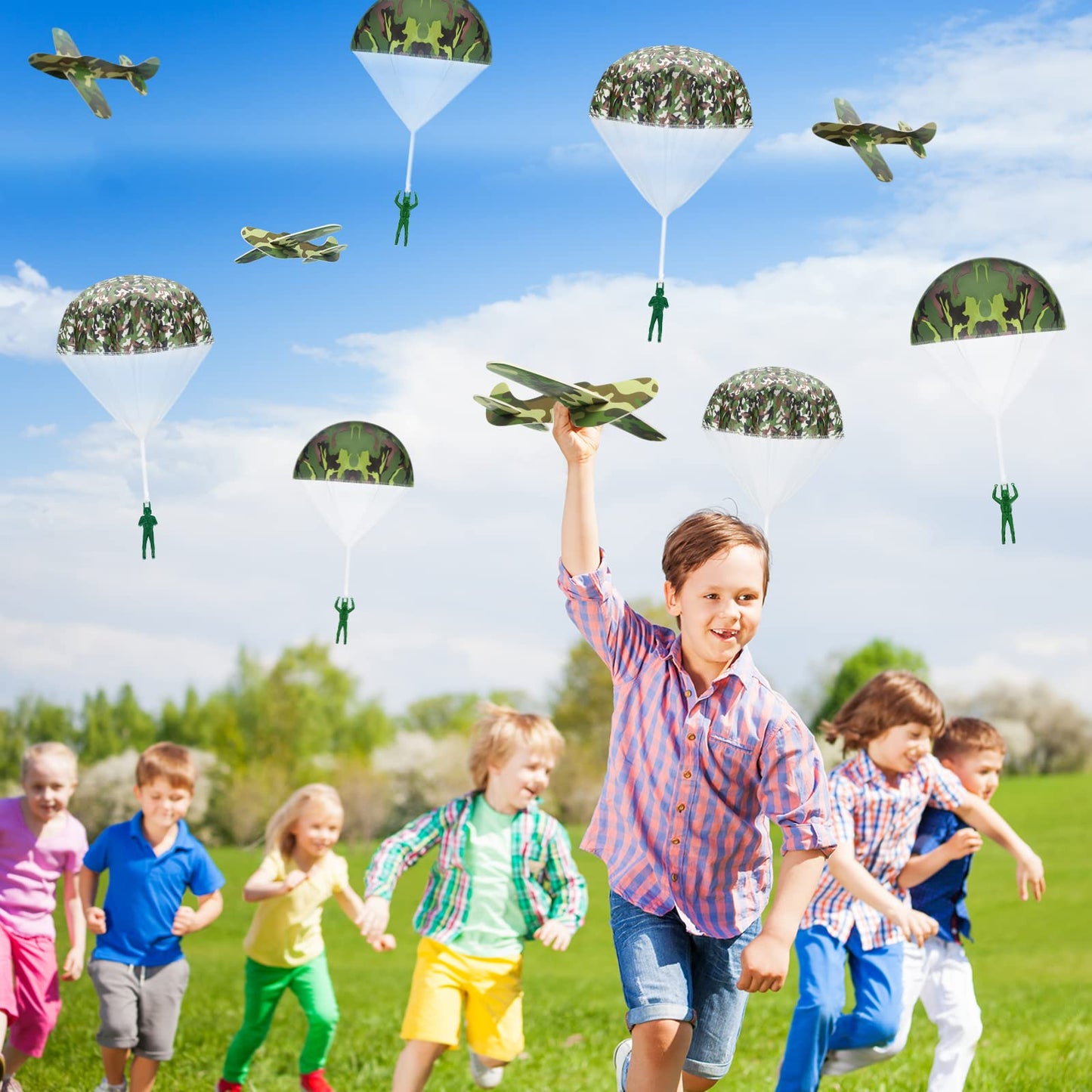 Jerify 12 Pcs Parachute Toys and Camouflage Foam Airplanes Set, Parachute Army Men Toys for Kids Army Hand Throwing and Foam Glider for Boys Gifts Outdoor Party Favors (Camouflage)