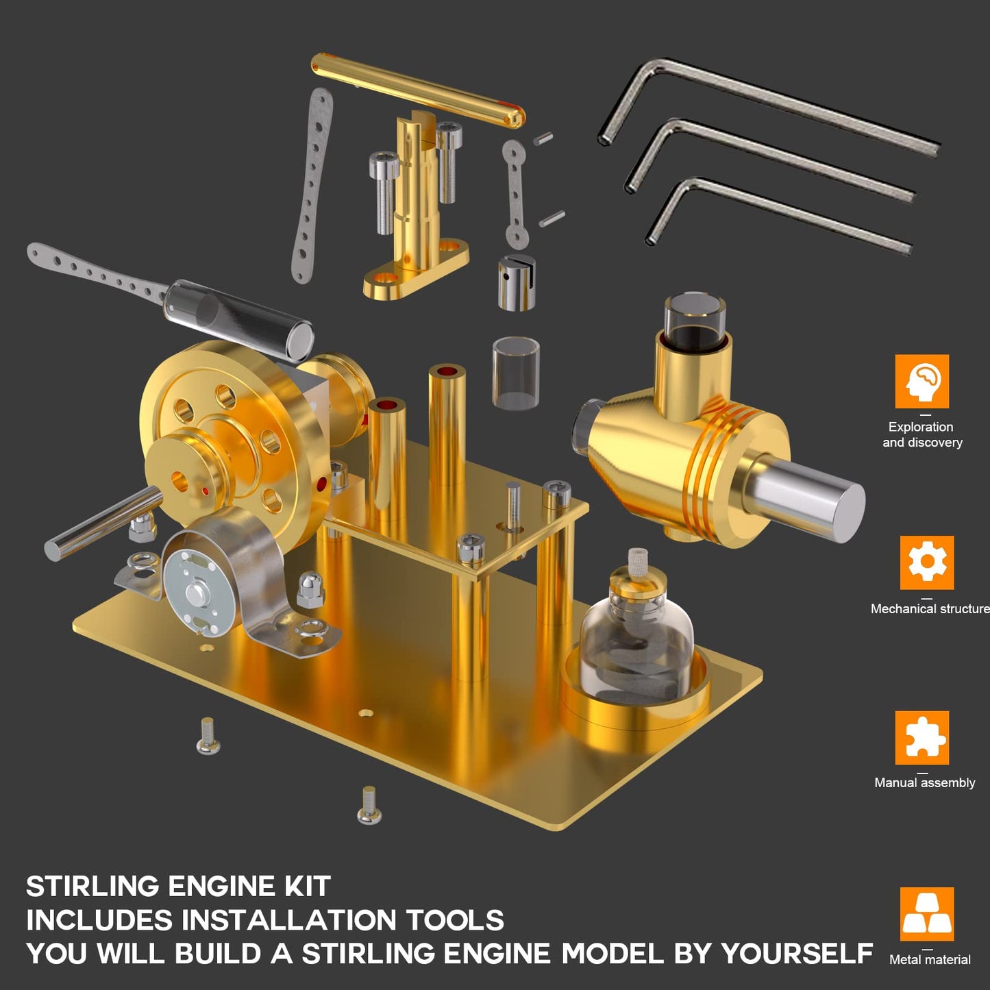 Fundiyengdi Hot Air Stirling Engine Model Kit, DIY Metal Balance Stirling Steam Engine Model That Works, Mechanical Electricity Power Generator Model Learning Physics Model
