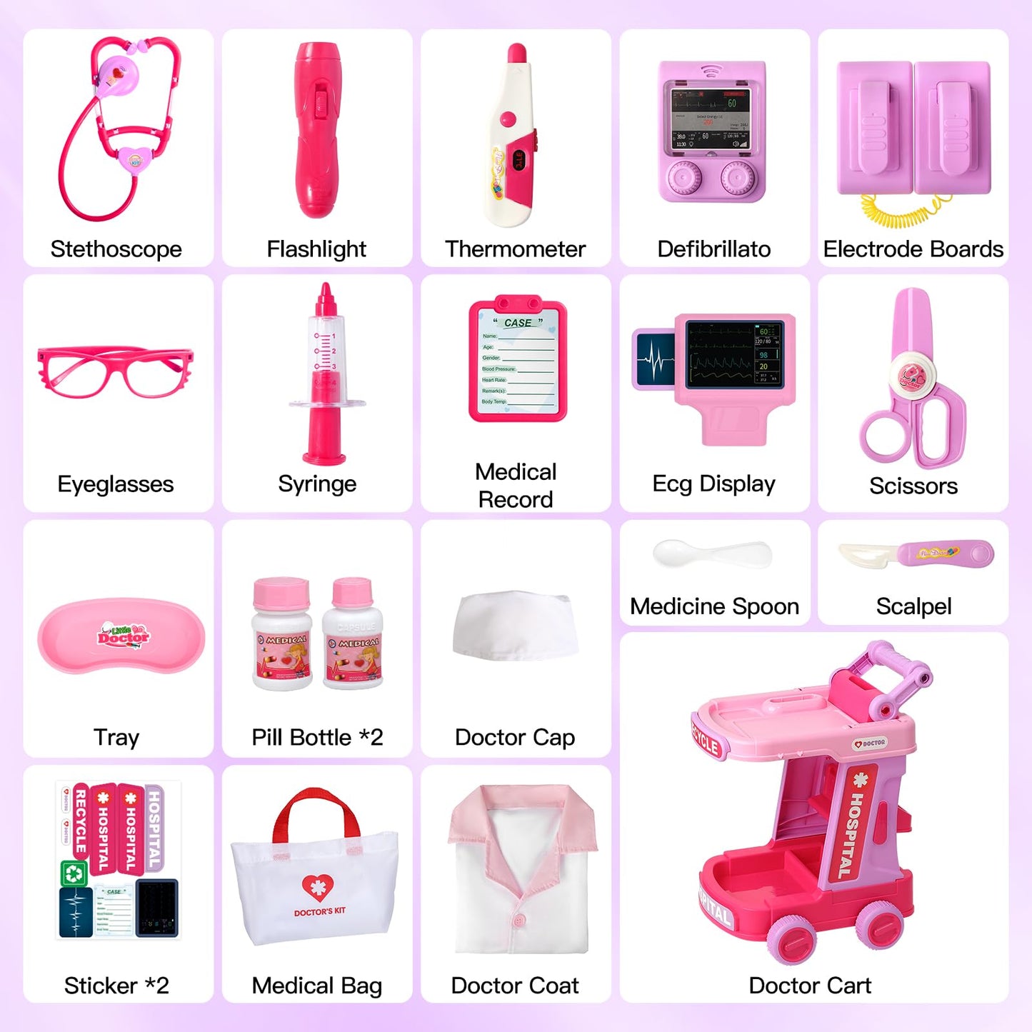 Phobby Doctor Kit for Toddlers Aged 3 4 5, Medical Pretend Play Set for Kids with Bag and Costume, Doctor Cart Toy for Girls Boys Birthday Gift (Pink)