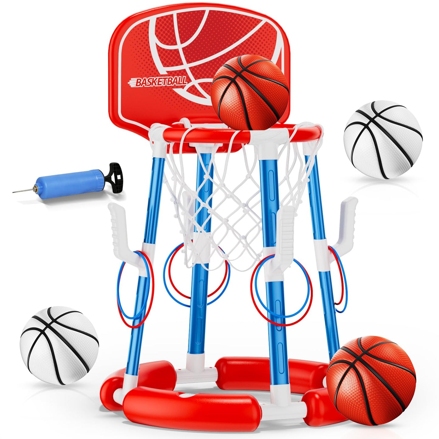 Pool Basketball Hoop with Backboard, Floating Pool Toys for 3-12 Years Old Kids Ring Game with 4 Balls 8 Rings & Pump Outdoor Swimming Pool Basketball Games Water Play Toy Family Party for Kids Adults