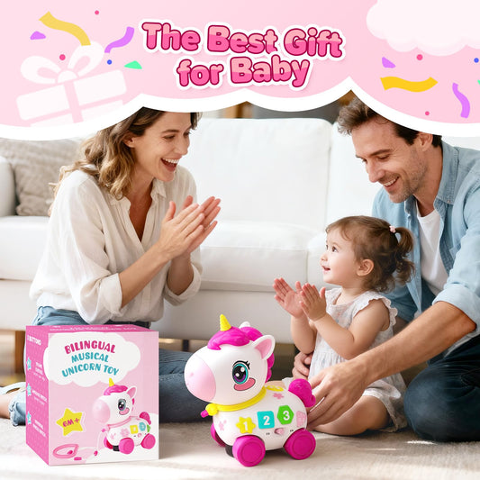 Bilingual Musical Crawling Toy for 1 Year Old Girl Gifts,Musical Unicorn Toys for Baby 6-12 Months,Baby Toys 6-12-18 Months,Toddler Educational Toy,Birthday Gifts with Music Light,Baby