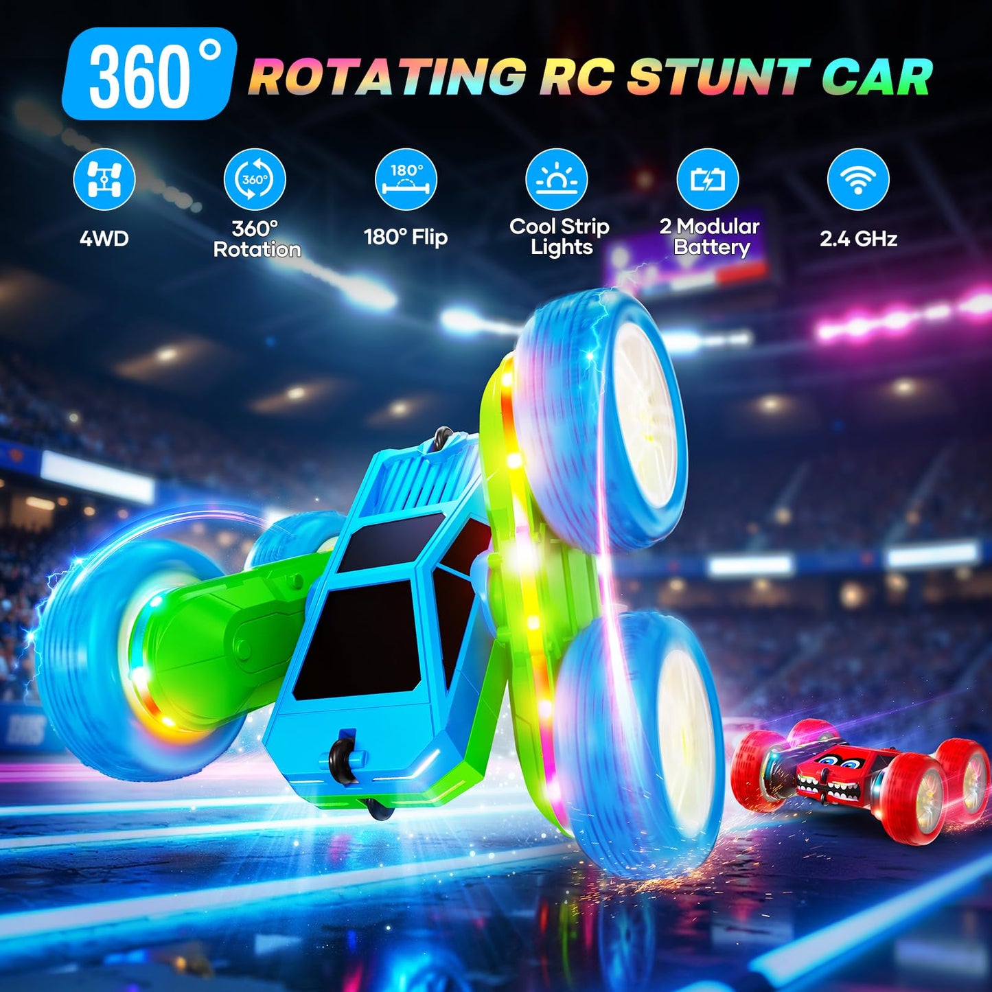 Remote Control Car, 360° Flips Rotating RC Stunt Car with USB-C Charge Modular Battery, 4WD RC Cars with LED Lights Strips, All Terrain RC Truck Toys for Kids 3+ Year Old Boys Christmas Birthday Gift